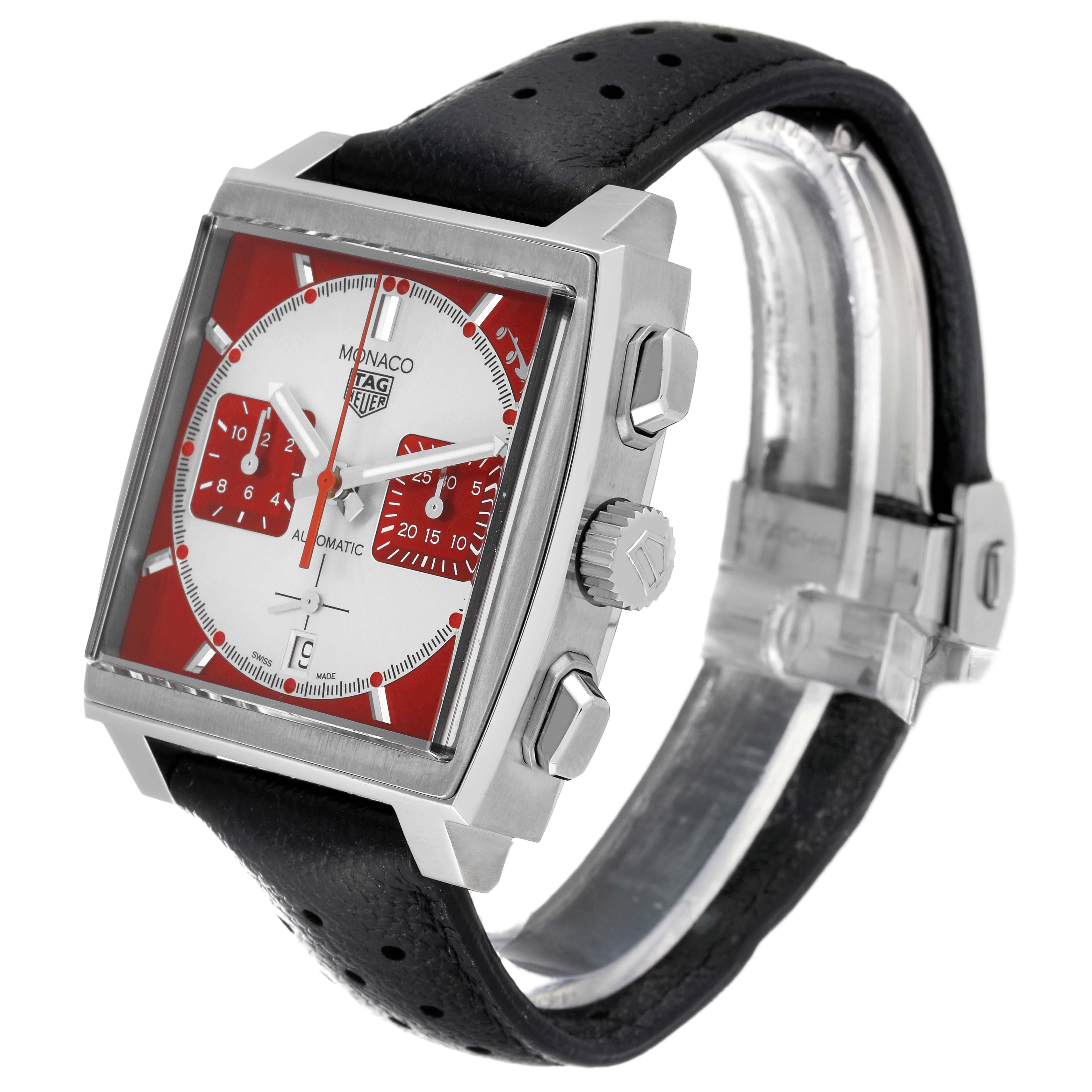This image shows a Tag Heuer Monaco CBL2114.FC6486 Men's Stainless Steel Red Dial CBL2114.FC6486 Men's Stainless Steel Red Dial watch at a three-quarter angle, highlighting its square case, dial, crown, pushers, and strap.
