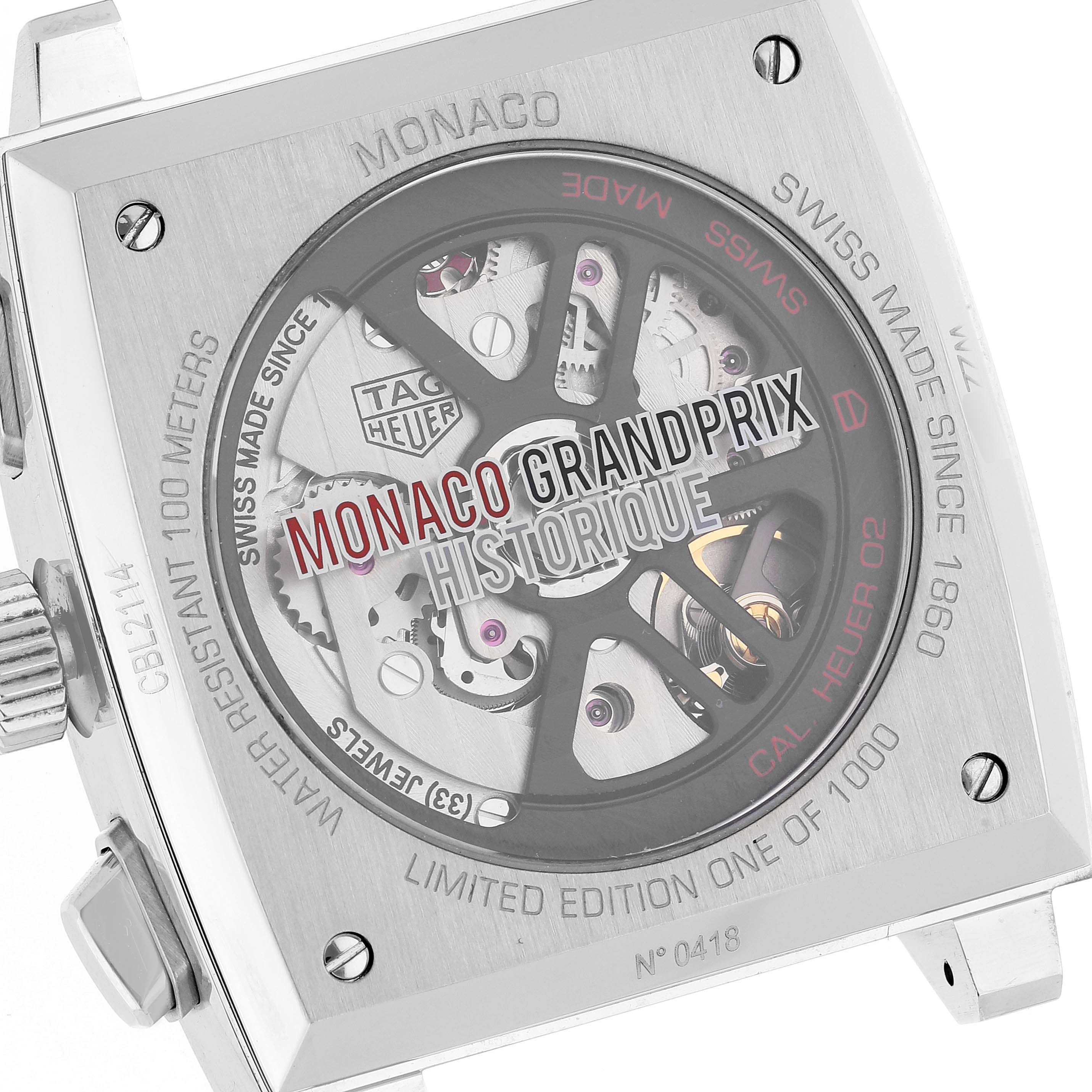 This image shows the back of a Tag Heuer Monaco CBL2114.FC6486 Men's Stainless Steel Red Dial CBL2114.FC6486 Men's Stainless Steel Red Dial watch, highlighting its internal mechanics and limited edition engravings.