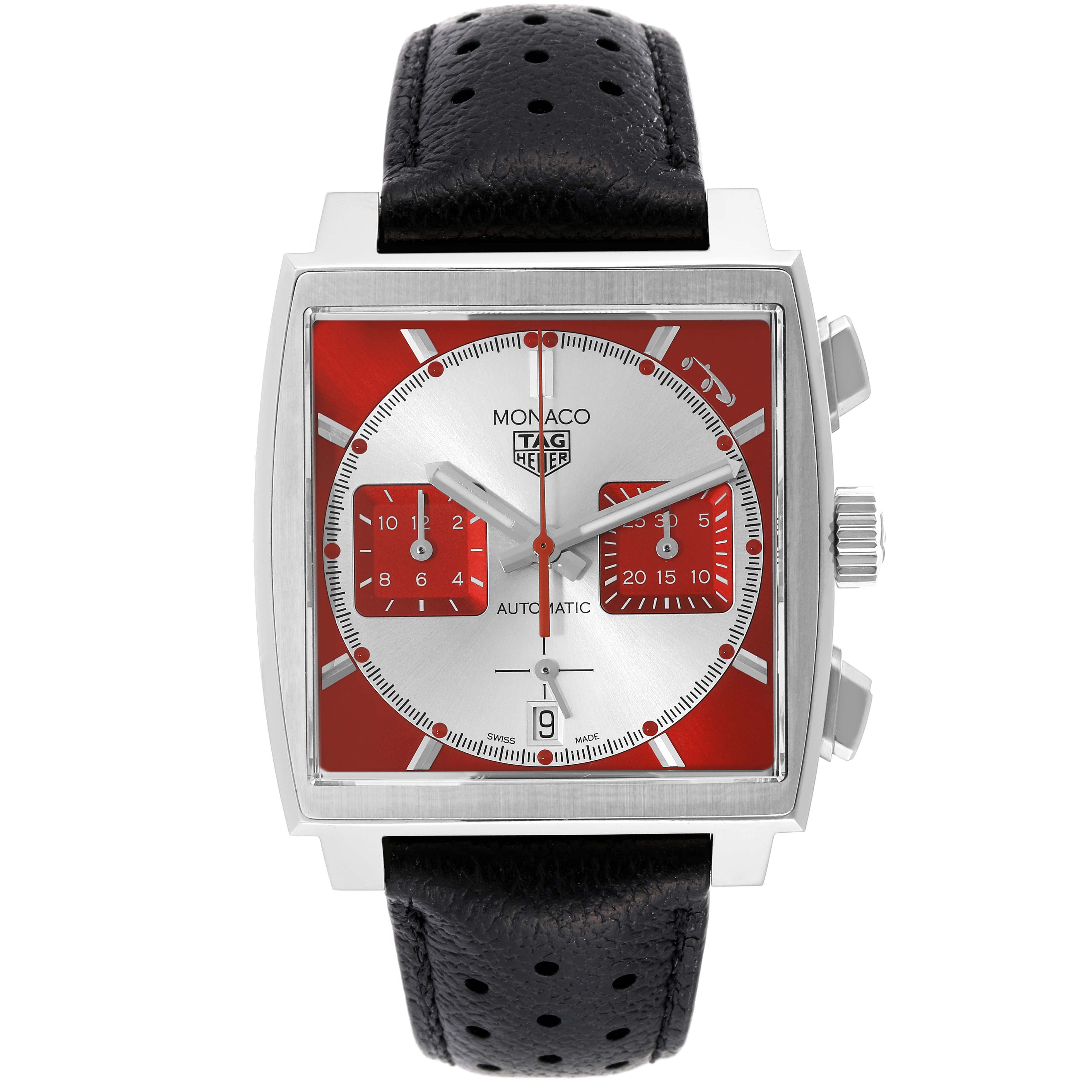 This is a frontal view of a Tag Heuer Monaco CBL2114.FC6486 Men's Stainless Steel Red Dial CBL2114.FC6486 Men's Stainless Steel Red Dial watch showcasing its dial, hands, subdials, and strap.