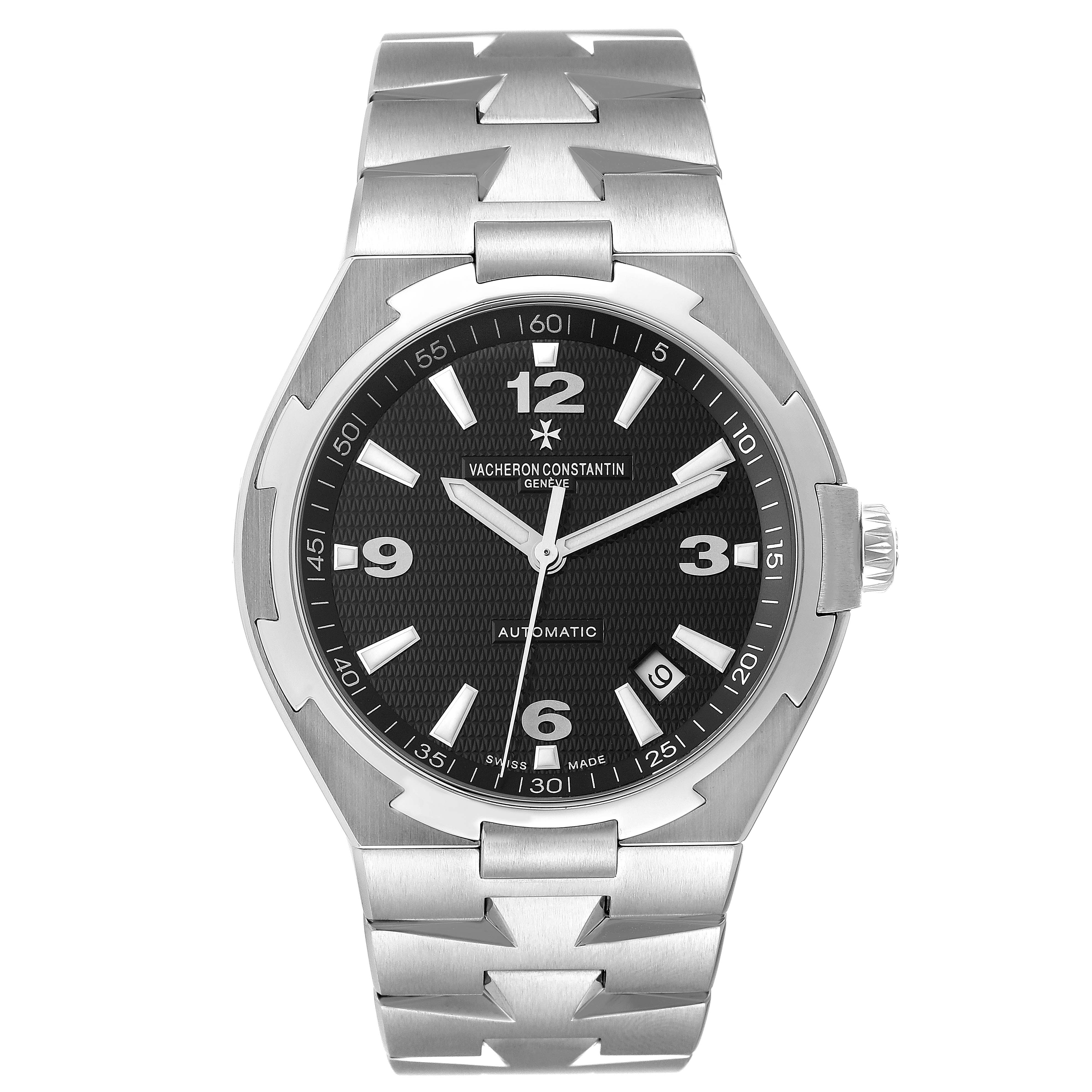 The image shows a front view of a Vacheron Constantin Overseas 47040/B01A-9094 Men's Stainless Steel Black Dial 47040/B01A-9094 Men's Stainless Steel Black Dial watch, displaying its dial, bezel, and bracelet.