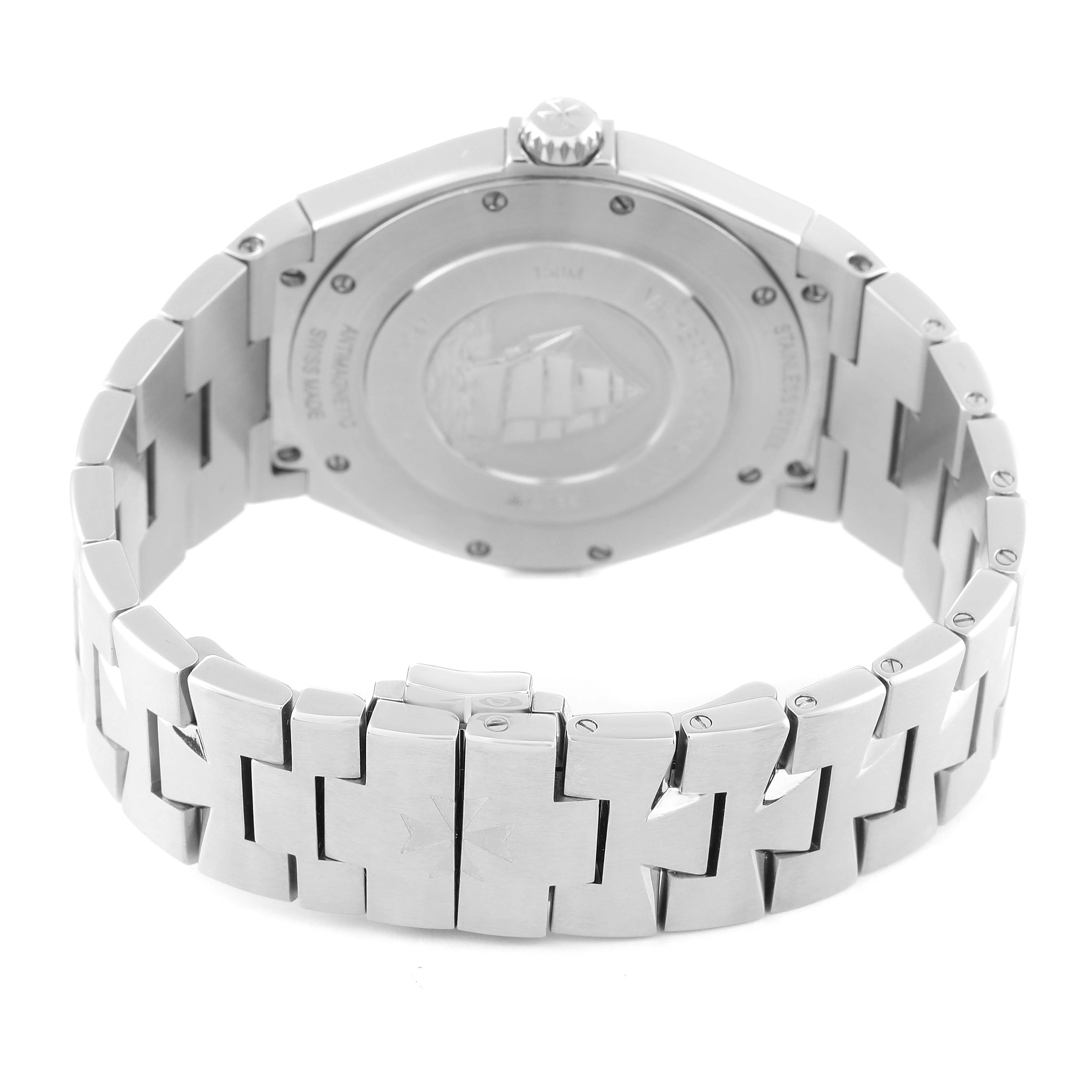 The image shows the case back and bracelet of the Vacheron Constantin Overseas 47040/B01A-9094 Men's Stainless Steel Black Dial 47040/B01A-9094 Men's Stainless Steel Black Dial watch, viewed from the rear.