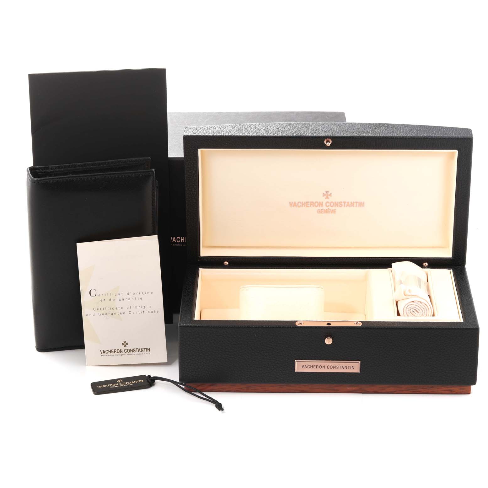 The image shows the box, papers, and accessories for the Vacheron Constantin Overseas 47040/B01A-9094 Men's Stainless Steel Black Dial 47040/B01A-9094 Men's Stainless Steel Black Dial model.