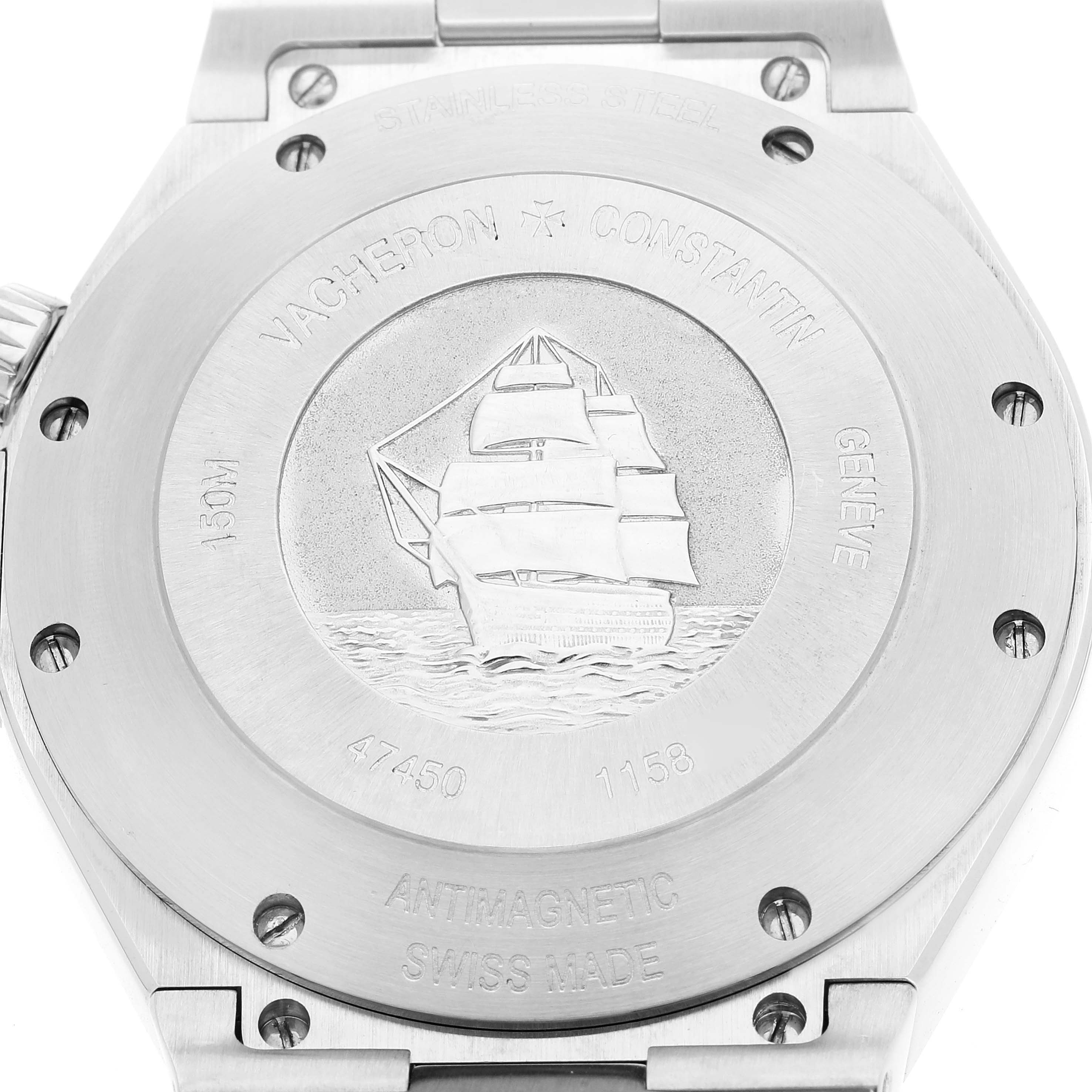This image shows the caseback of a Vacheron Constantin Overseas 47450/B01A-9226 Men
s Stainless Steel Silver Dial 47450/B01A-9226 Men
s Stainless Steel Silver Dial watch, featuring an engraved ship and various inscriptions.