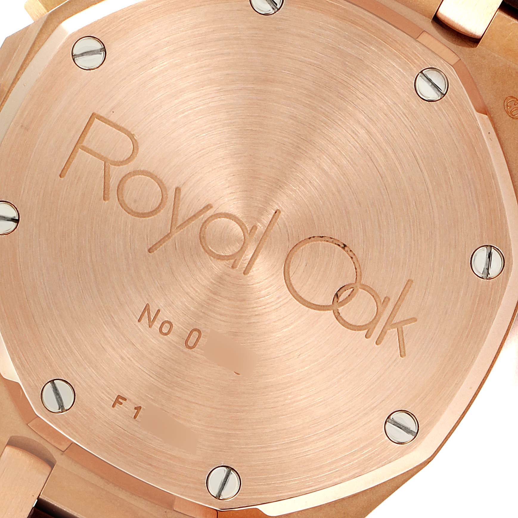 The image shows the case back of a Royal Oak model by Audemars Piguet from a slightly angled top view.