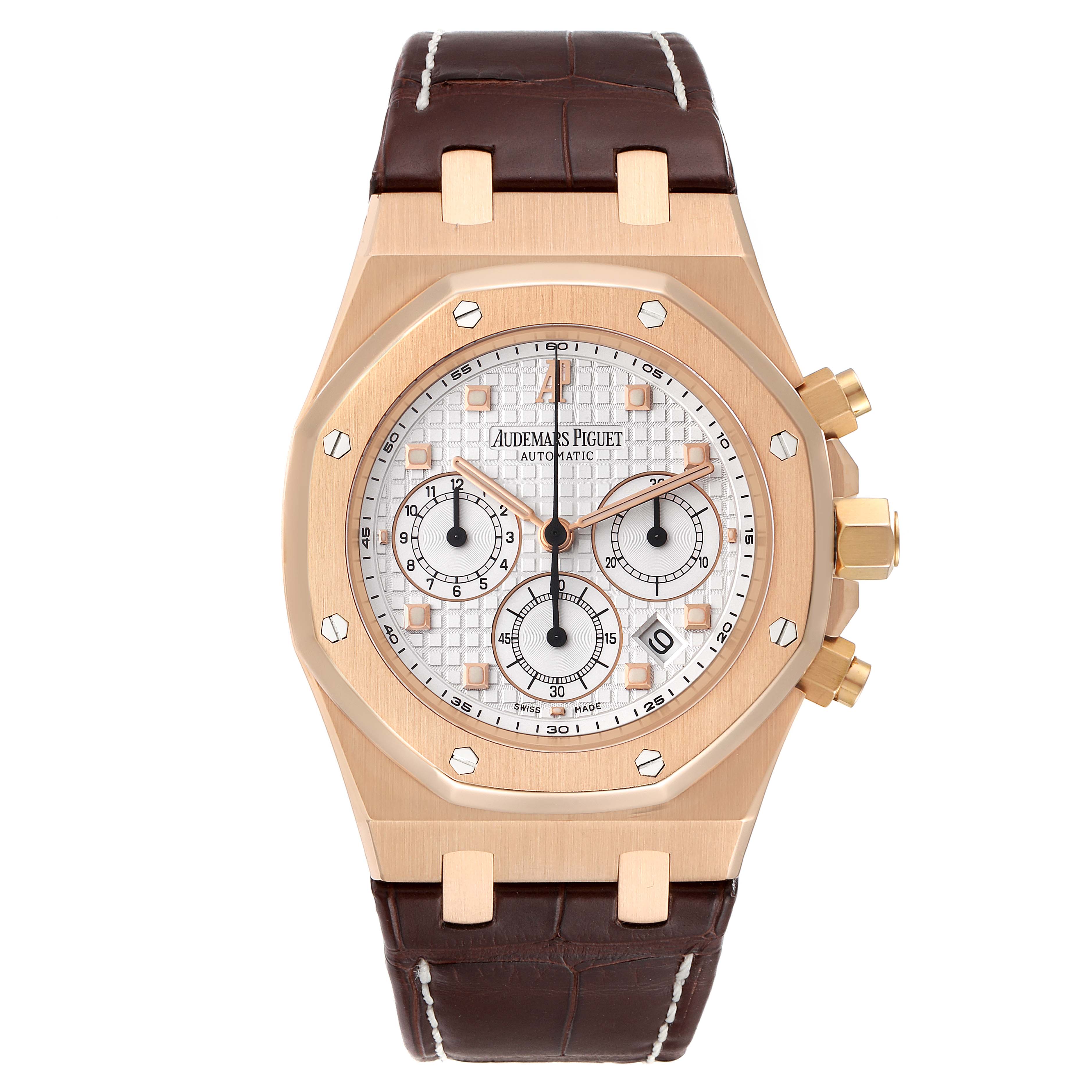 The image shows a front view of the Audemars Piguet Royal Oak 26022OR.OO.D088CR.01 Men's Rose Gold Silver Dial 26022OR.OO.D088CR.01 Men's Rose Gold Silver Dial watch, highlighting its face, bezel, pushers, and leather strap.