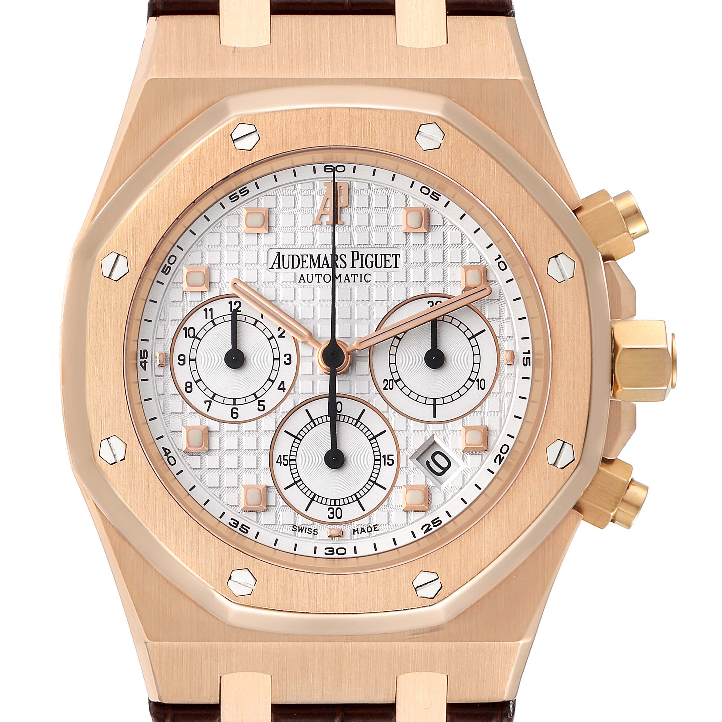 This image shows a front view of an Audemars Piguet Royal Oak 26022OR.OO.D088CR.01 Men's Rose Gold Silver Dial 26022OR.OO.D088CR.01 Men's Rose Gold Silver Dial watch, highlighting its dial, bezel, subdials, and chronograph pushers.