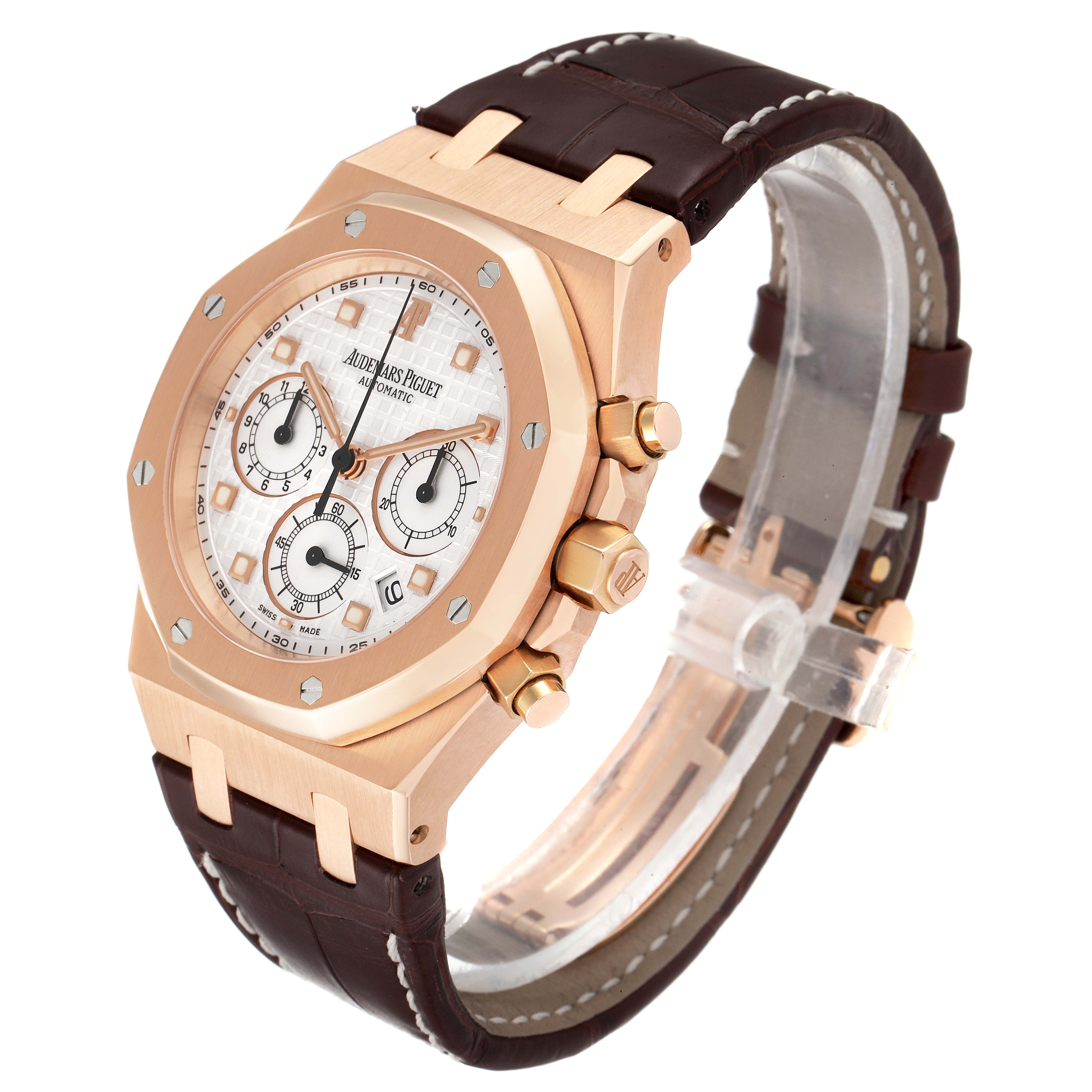 The image shows an Audemars Piguet Royal Oak 26022OR.OO.D088CR.01 Men's Rose Gold Silver Dial 26022OR.OO.D088CR.01 Men's Rose Gold Silver Dial watch at a three-quarter angle, highlighting the face, case, and leather strap.
