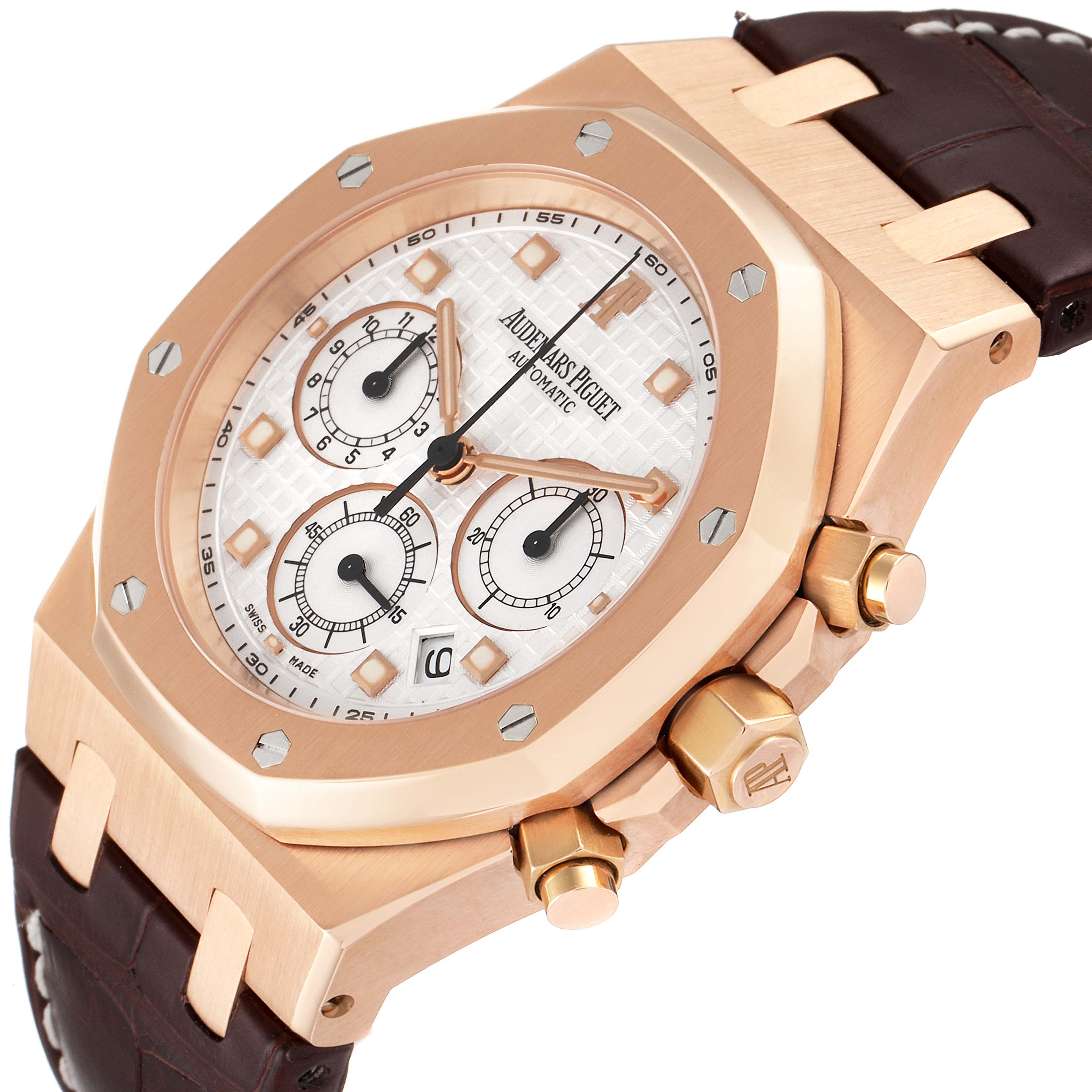 This image shows a close-up angle of the Audemars Piguet Royal Oak 26022OR.OO.D088CR.01 Men's Rose Gold Silver Dial 26022OR.OO.D088CR.01 Men's Rose Gold Silver Dial watch, displaying the dial, bezel, and leather strap.