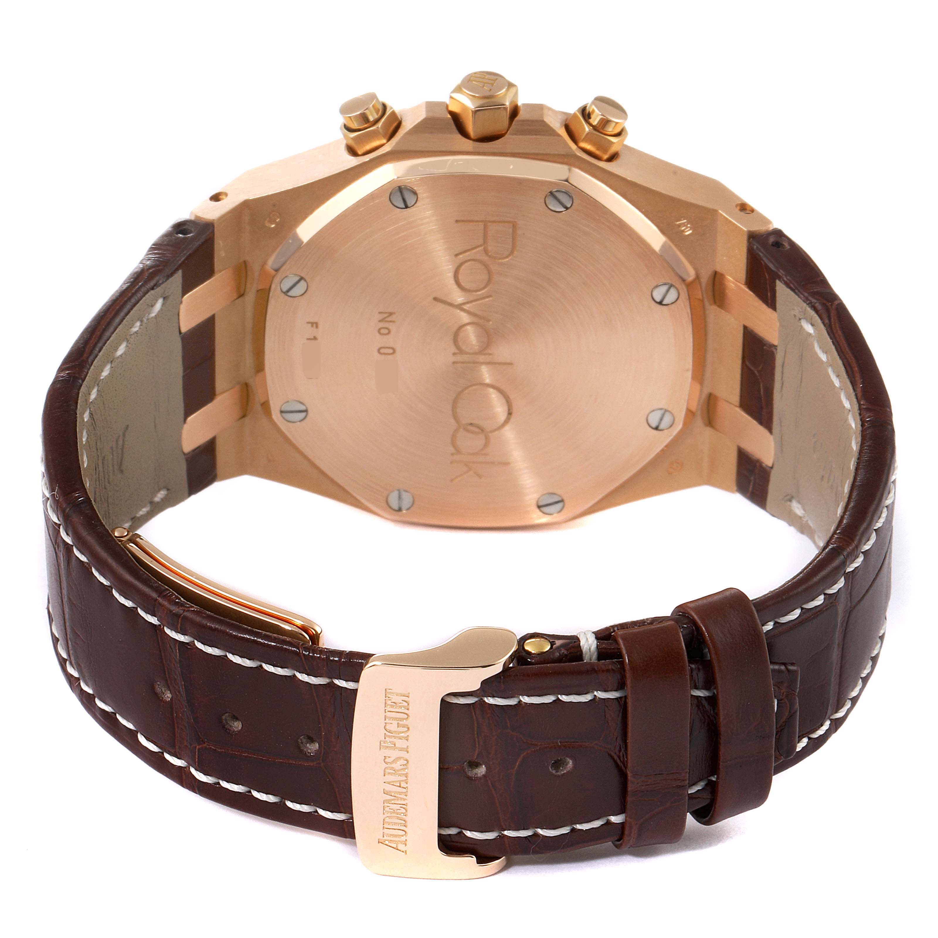 This image shows the back case and brown leather strap with buckle of an Audemars Piguet Royal Oak 26022OR.OO.D088CR.01 Men's Rose Gold Silver Dial 26022OR.OO.D088CR.01 Men's Rose Gold Silver Dial watch.