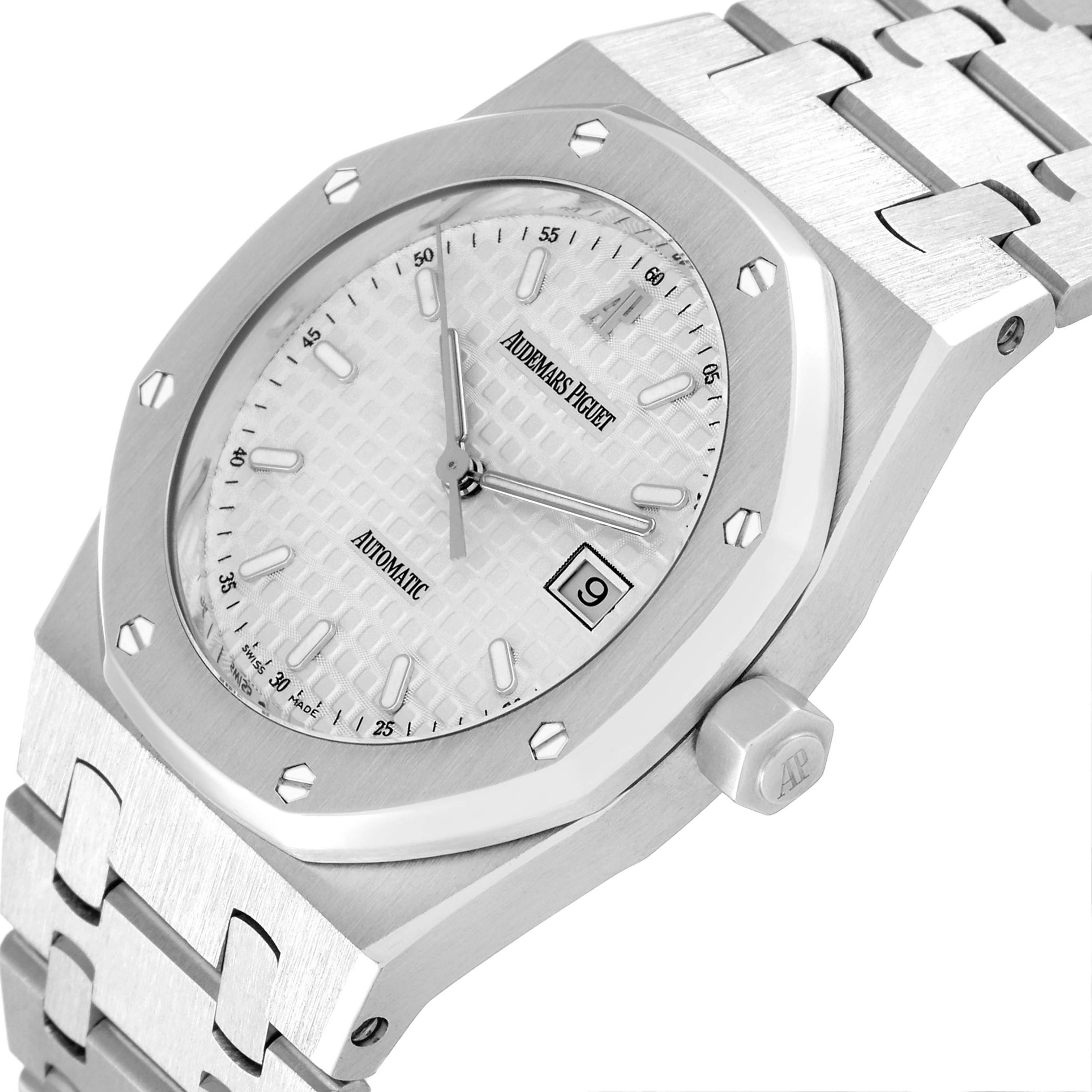 The image shows a close-up view of the Audemars Piguet Royal Oak 15000ST. Men's Stainless Steel Silver Dial 15000ST. Men's Stainless Steel Silver Dial watch, highlighting its face, bezel, crown, and part of the bracelet.