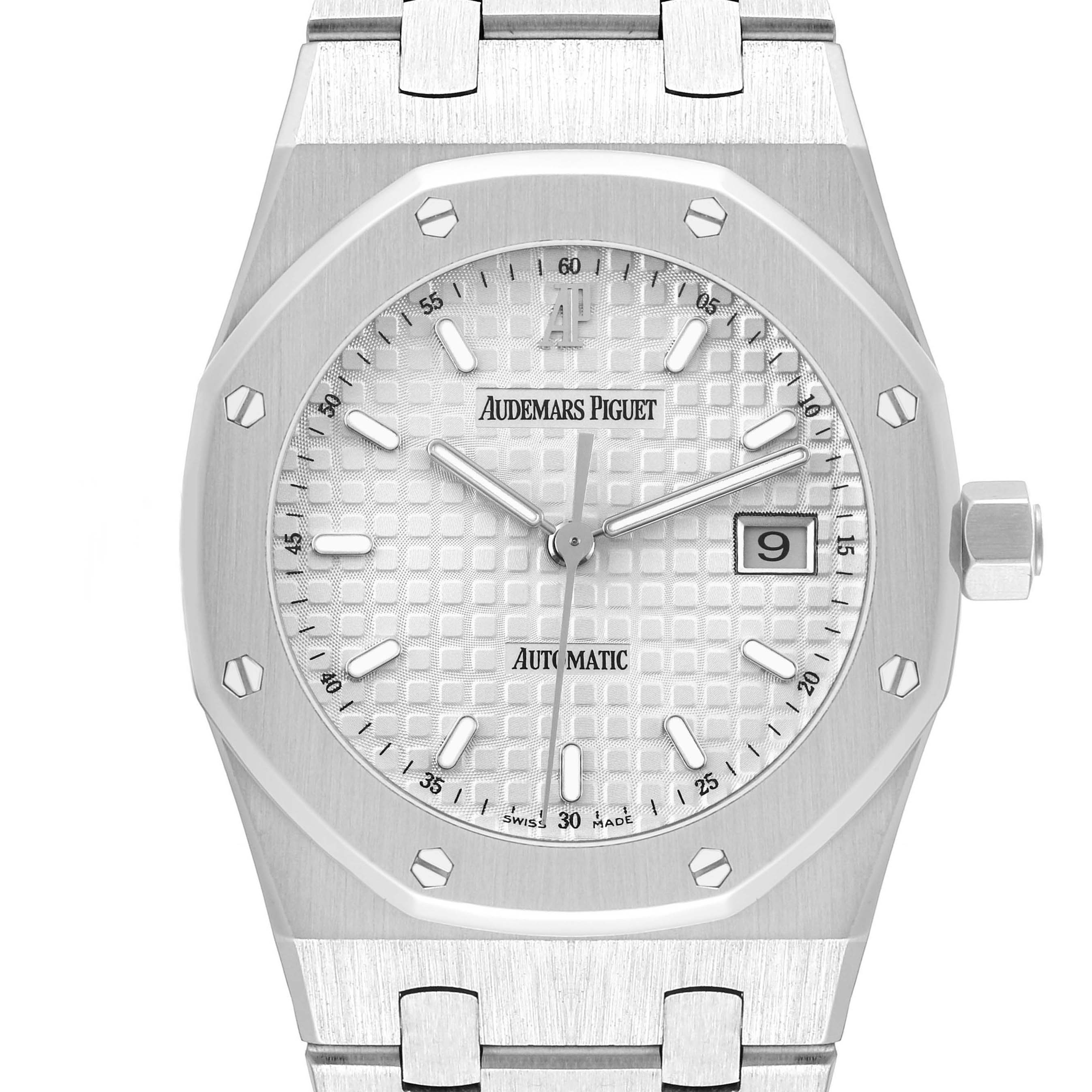 This image shows a frontal view of an Audemars Piguet Royal Oak 15000ST. Men's Stainless Steel Silver Dial 15000ST. Men's Stainless Steel Silver Dial watch, featuring the dial, bezel, and part of the bracelet.