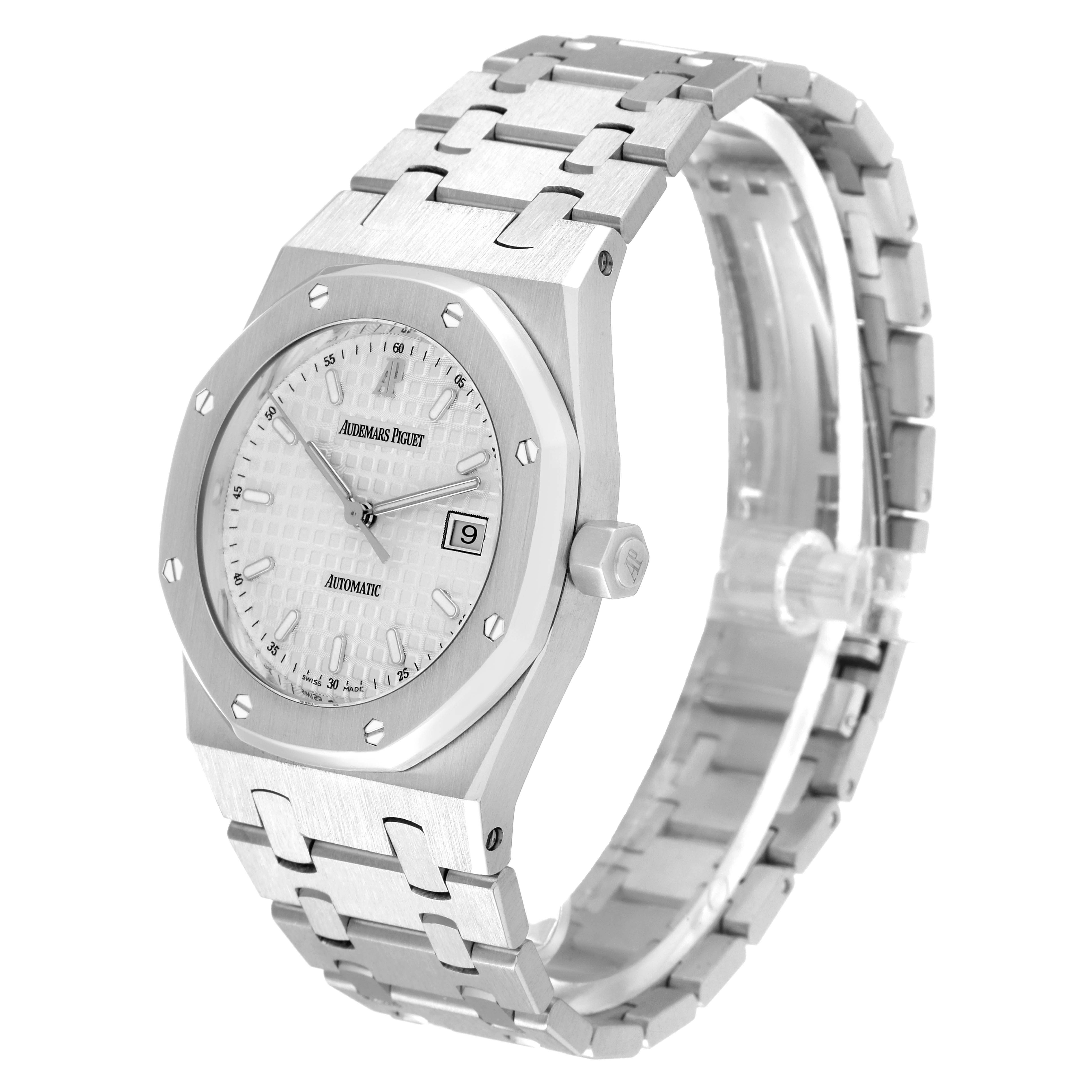 This image shows the Audemars Piguet Royal Oak 15000ST. Men's Stainless Steel Silver Dial 15000ST. Men's Stainless Steel Silver Dial watch from a front-side angle, highlighting the face, bezel, crown, and bracelet.
