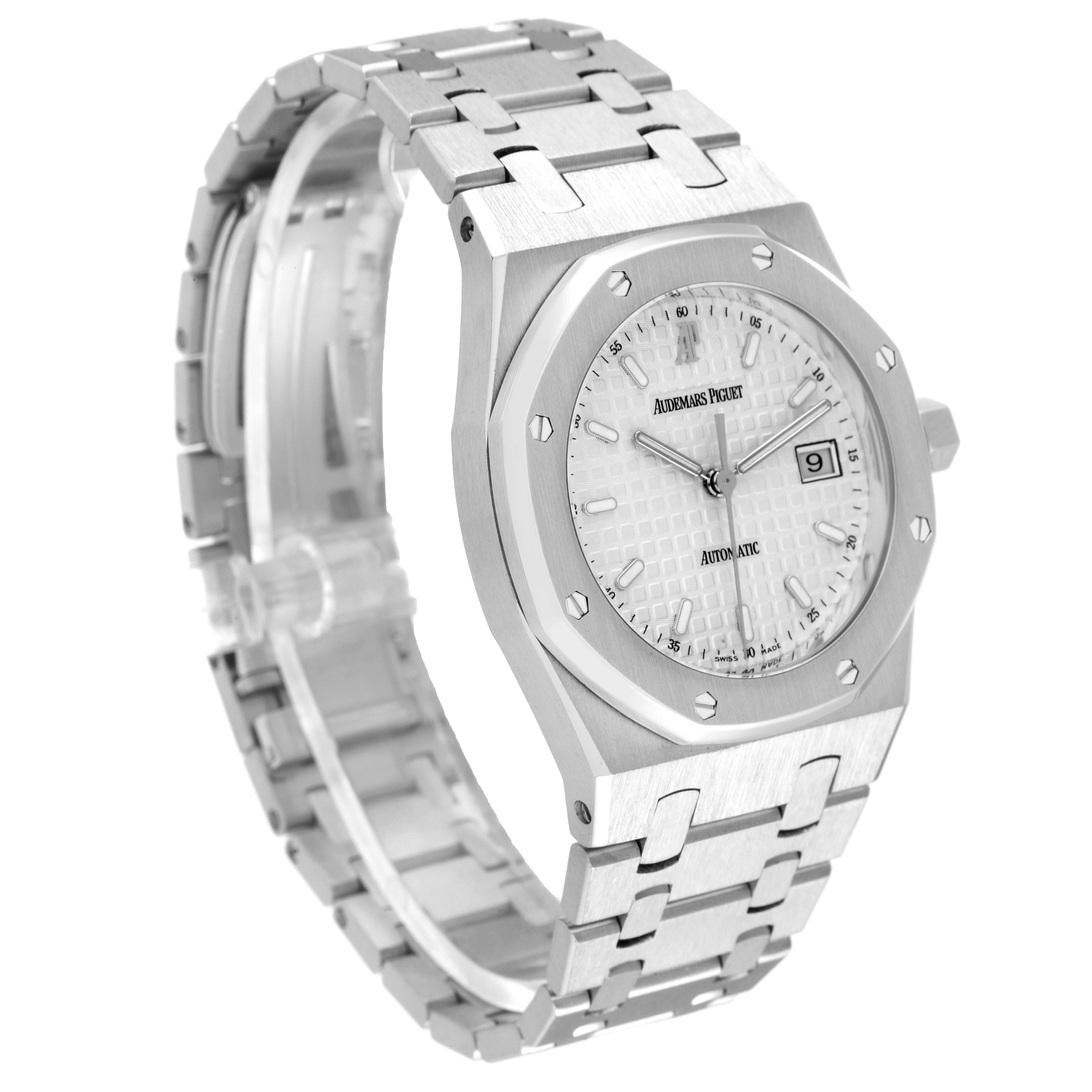The image shows a side and front angle of an Audemars Piguet Royal Oak 15000ST. Men's Stainless Steel Silver Dial 15000ST. Men's Stainless Steel Silver Dial watch, highlighting its metal bracelet and dial.