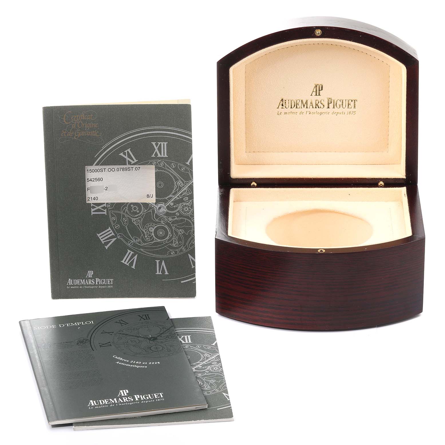 This image shows an open Audemars Piguet Royal Oak 15000ST. Men's Stainless Steel Silver Dial 15000ST. Men's Stainless Steel Silver Dial watch box alongside the watch manual and certificates.