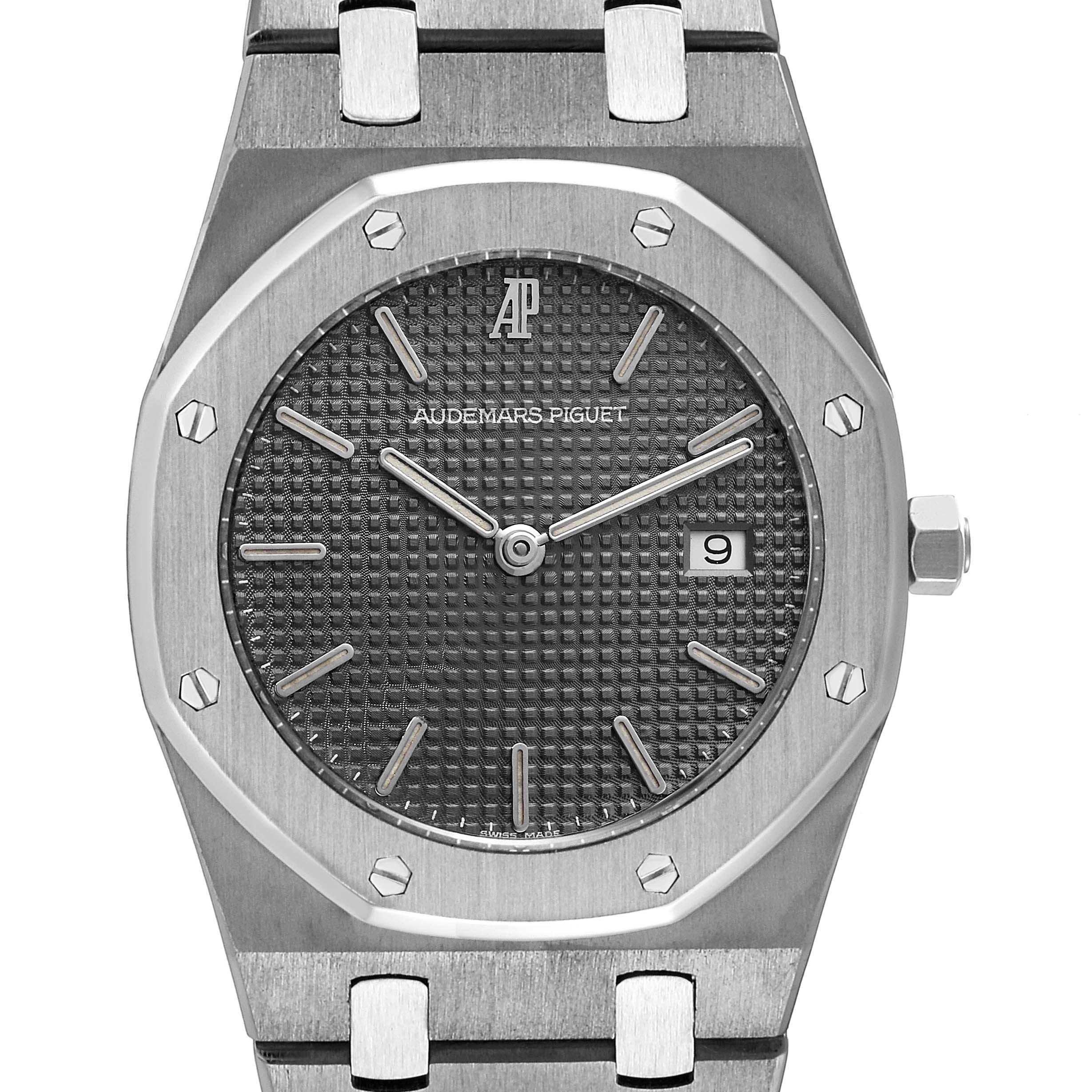 This image shows a front view of the Audemars Piguet Royal Oak 56175TT Men's Titanium Grey Dial 56175TT Men's Titanium Grey Dial watch, focusing on its octagonal bezel, textured dial, and integrated bracelet.