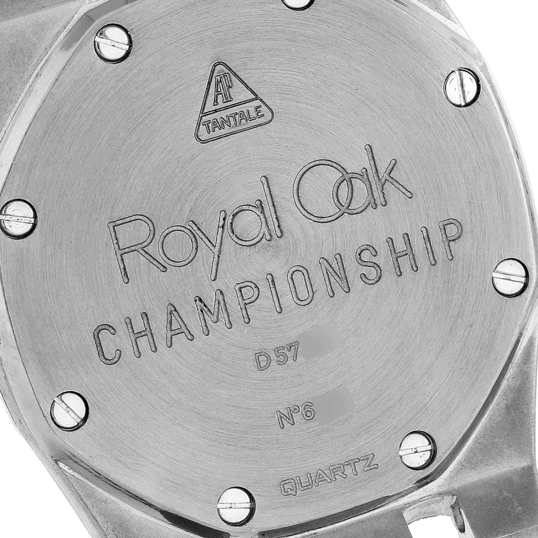 This image shows the back case of a Royal Oak Championship model by Audemars Piguet, highlighting engravings and screws.