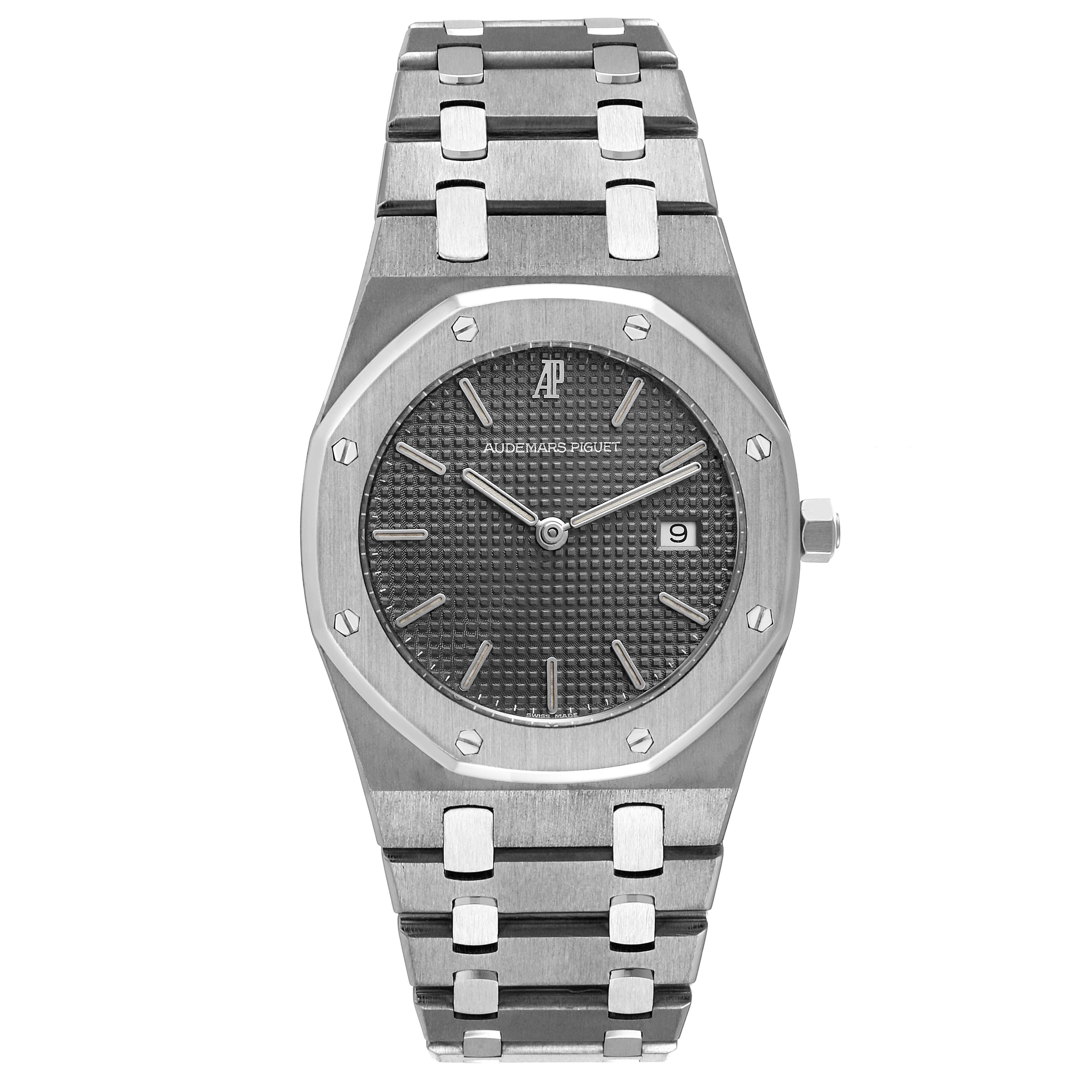 The image shows a front view of the Audemars Piguet Royal Oak 56175TT Men's Titanium Grey Dial 56175TT Men's Titanium Grey Dial watch, highlighting its face, bezel, bracelet, and crown.