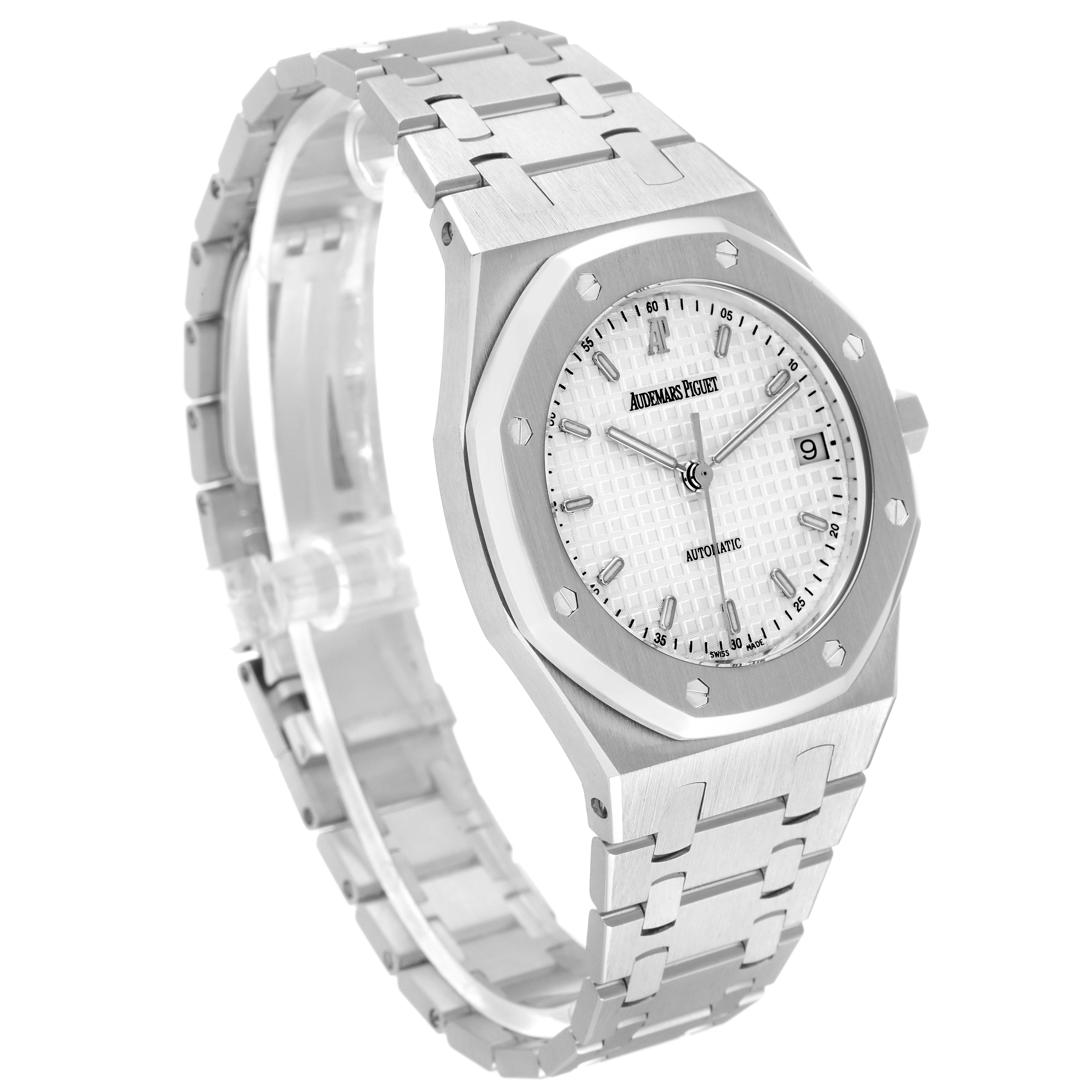 This image shows a front-side angle view of an Audemars Piguet Royal Oak 14790ST Men's Stainless Steel Silver Dial 14790ST Men's Stainless Steel Silver Dial watch, highlighting its dial, bezel, and bracelet.