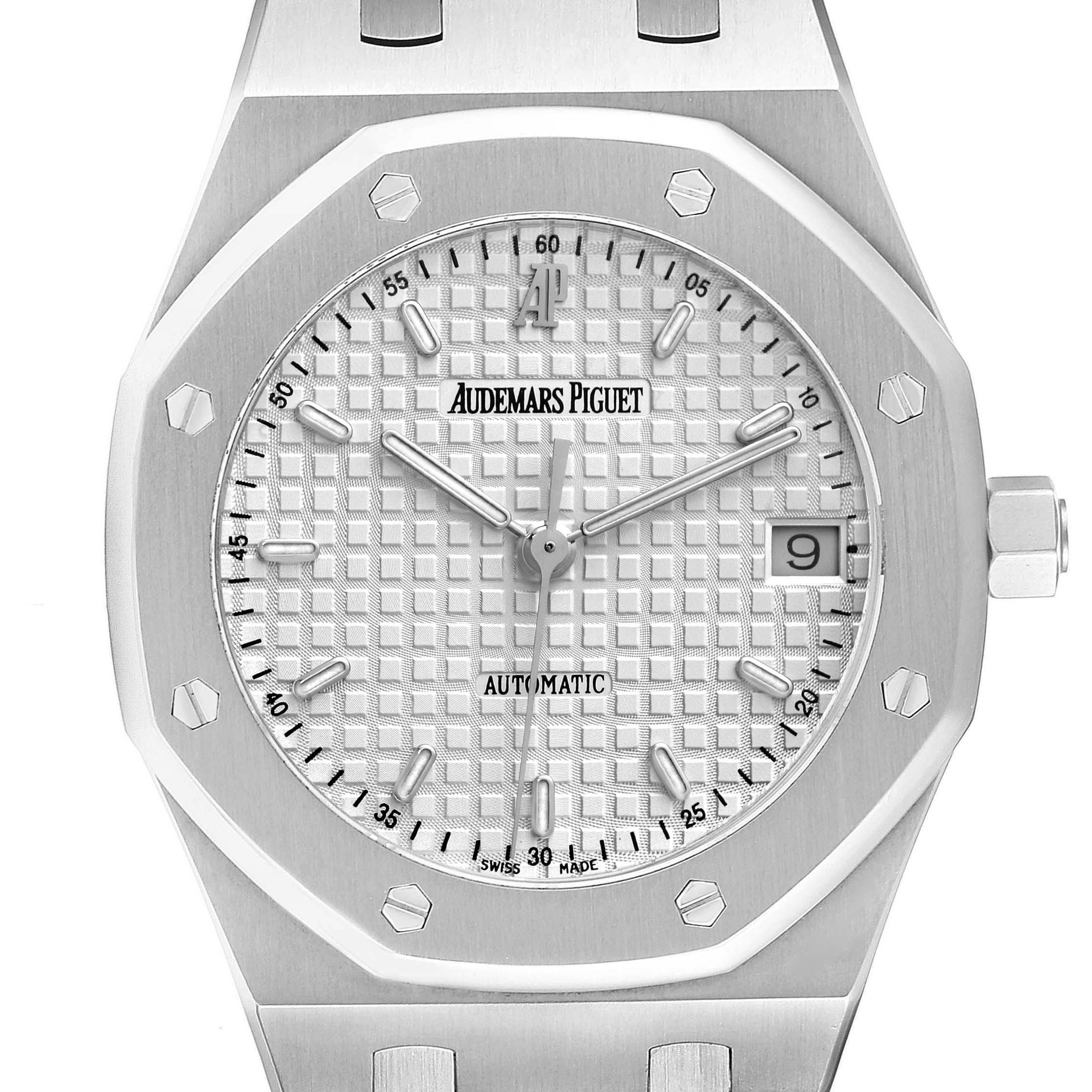 The Audemars Piguet Royal Oak 14790ST Men's Stainless Steel Silver Dial 14790ST Men's Stainless Steel Silver Dial watch is shown from a frontal angle, highlighting the dial, bezel, hands, and the date window.