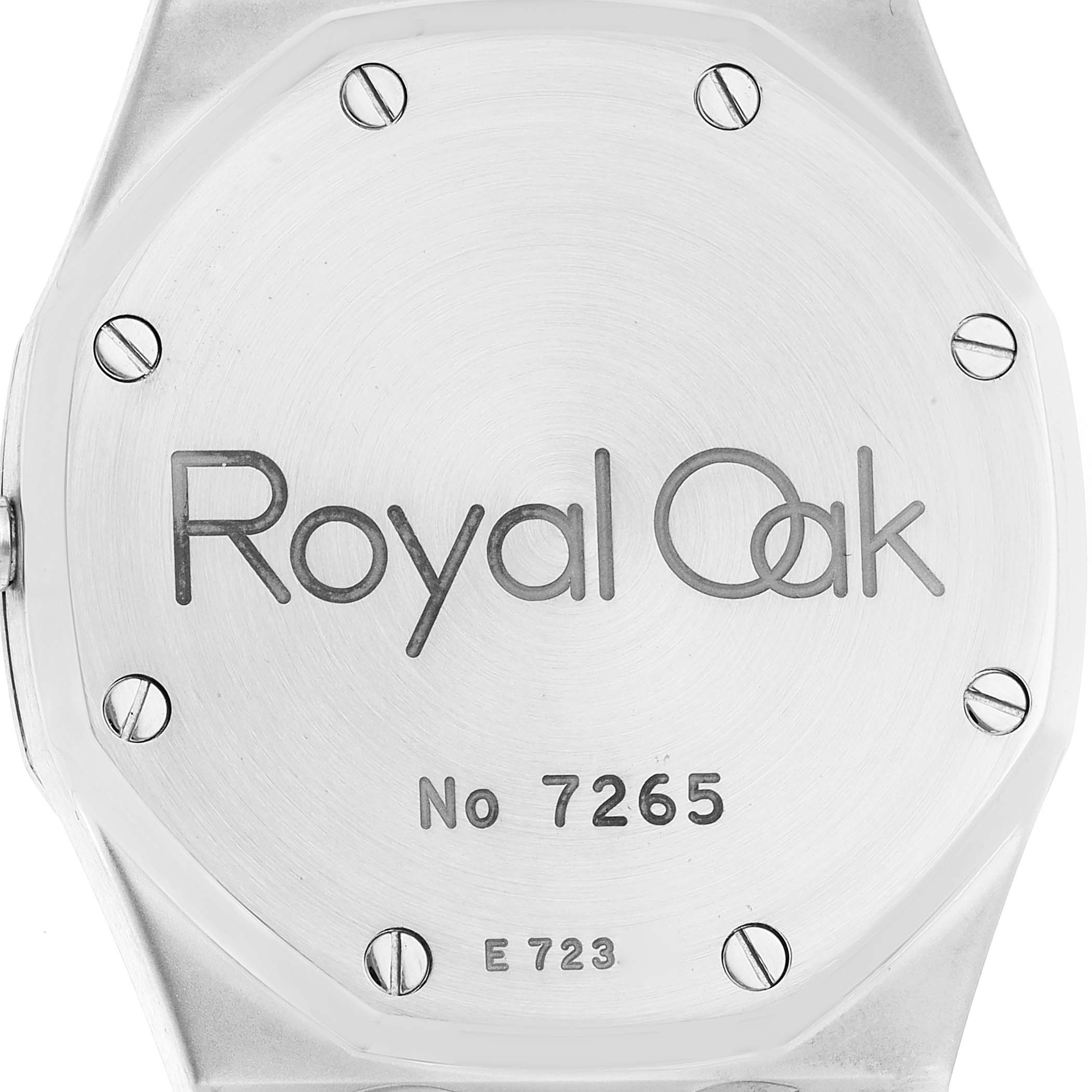 The image shows the back case of an Audemars Piguet Royal Oak 14790ST Men's Stainless Steel Silver Dial 14790ST Men's Stainless Steel Silver Dial watch, displaying the model name and serial number.