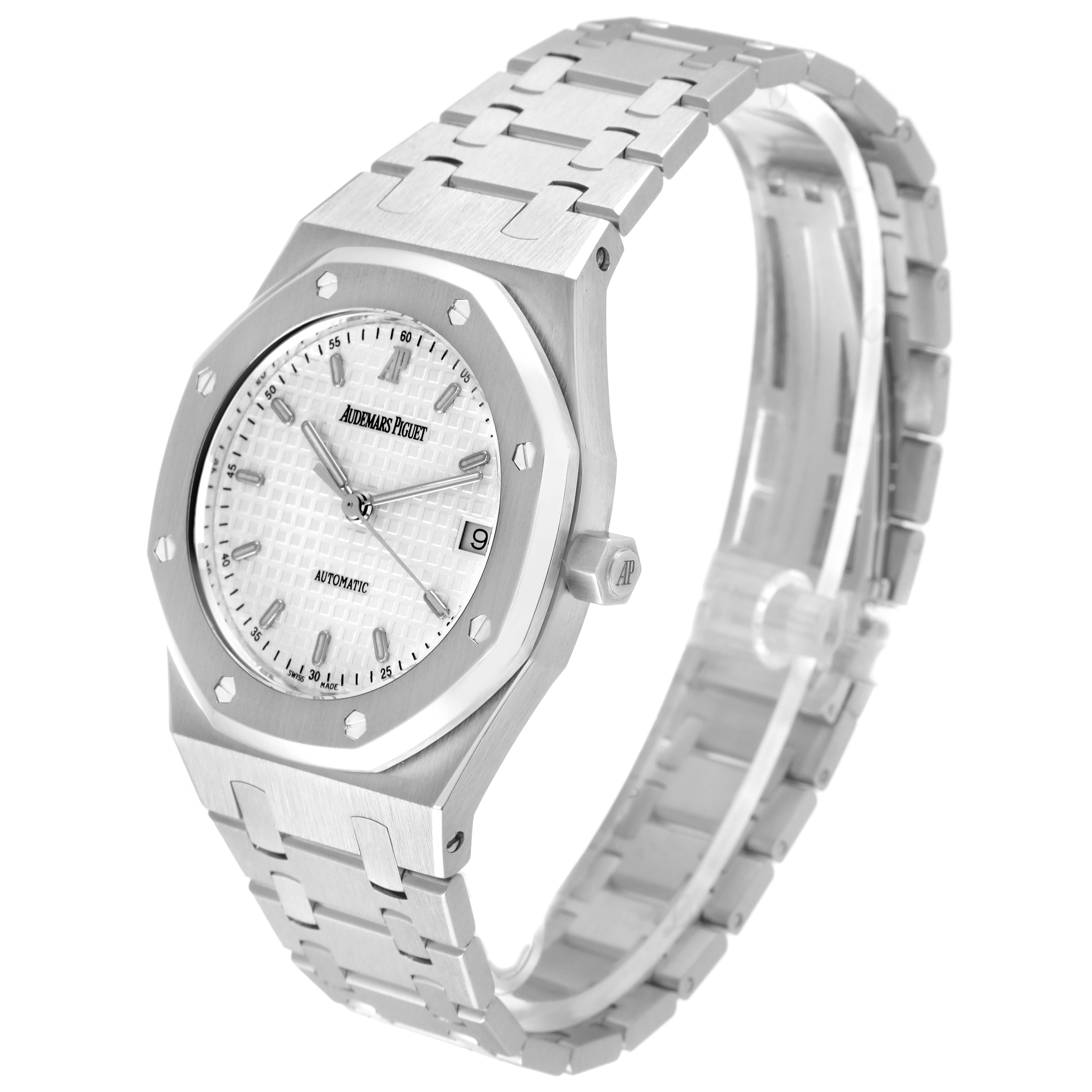 The image shows a side-angle view of an Audemars Piguet Royal Oak 14790ST Men's Stainless Steel Silver Dial 14790ST Men's Stainless Steel Silver Dial watch, displaying the face, bezel, crown, and bracelet.