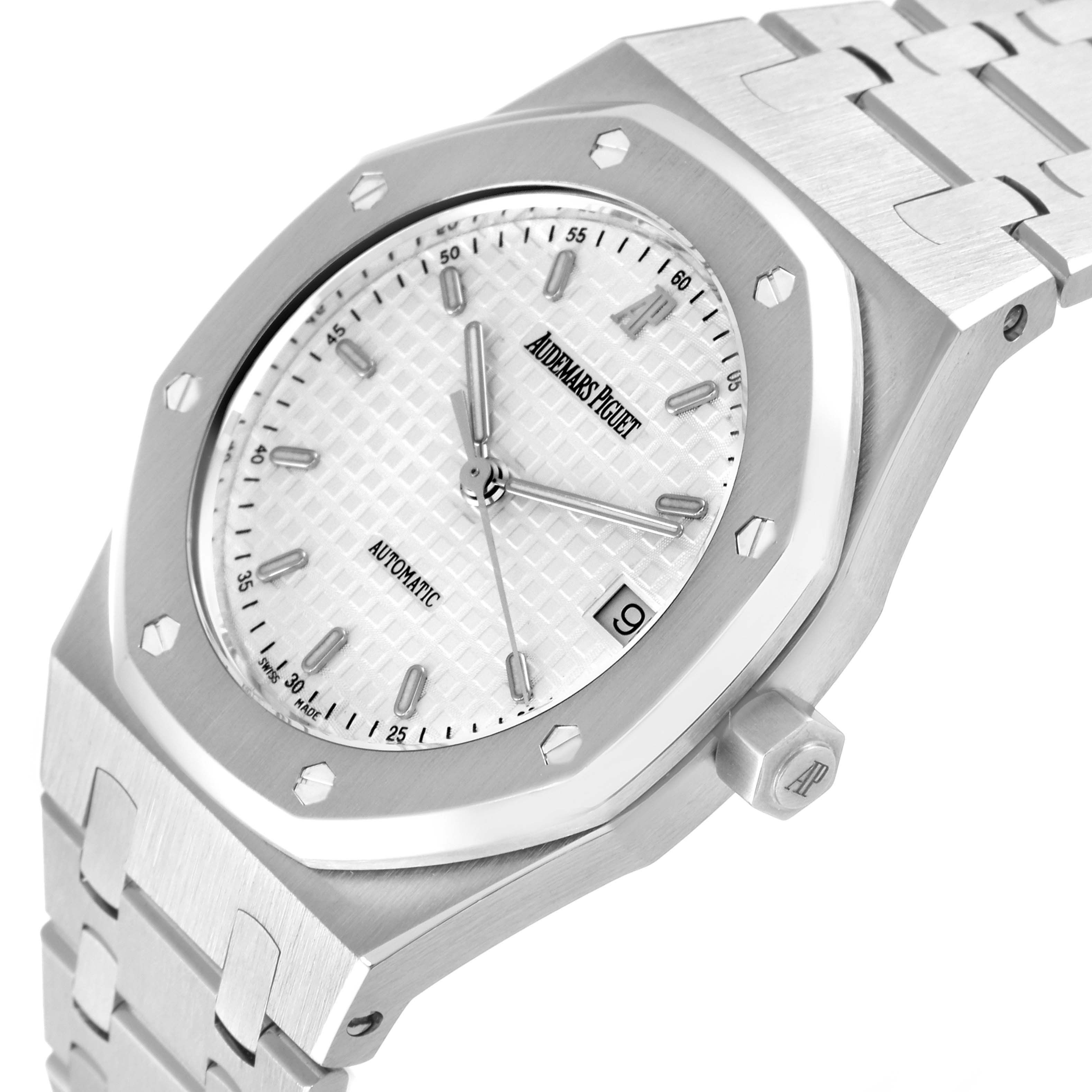 The image shows a close-up angle of the dial, bezel, and part of the bracelet of the Audemars Piguet Royal Oak 14790ST Men's Stainless Steel Silver Dial 14790ST Men's Stainless Steel Silver Dial watch.