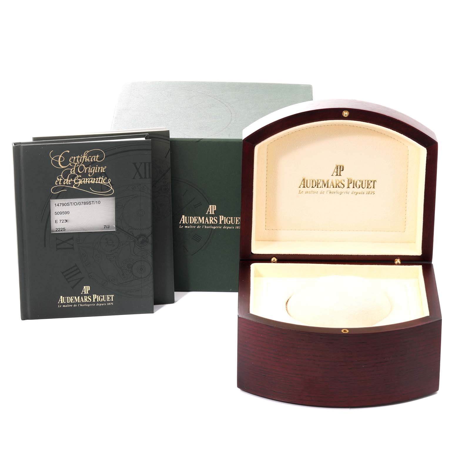 The image shows the packaging for the Audemars Piguet Royal Oak 14790ST Men's Stainless Steel Silver Dial 14790ST Men's Stainless Steel Silver Dial model, including a watch box, manual, and certificate.