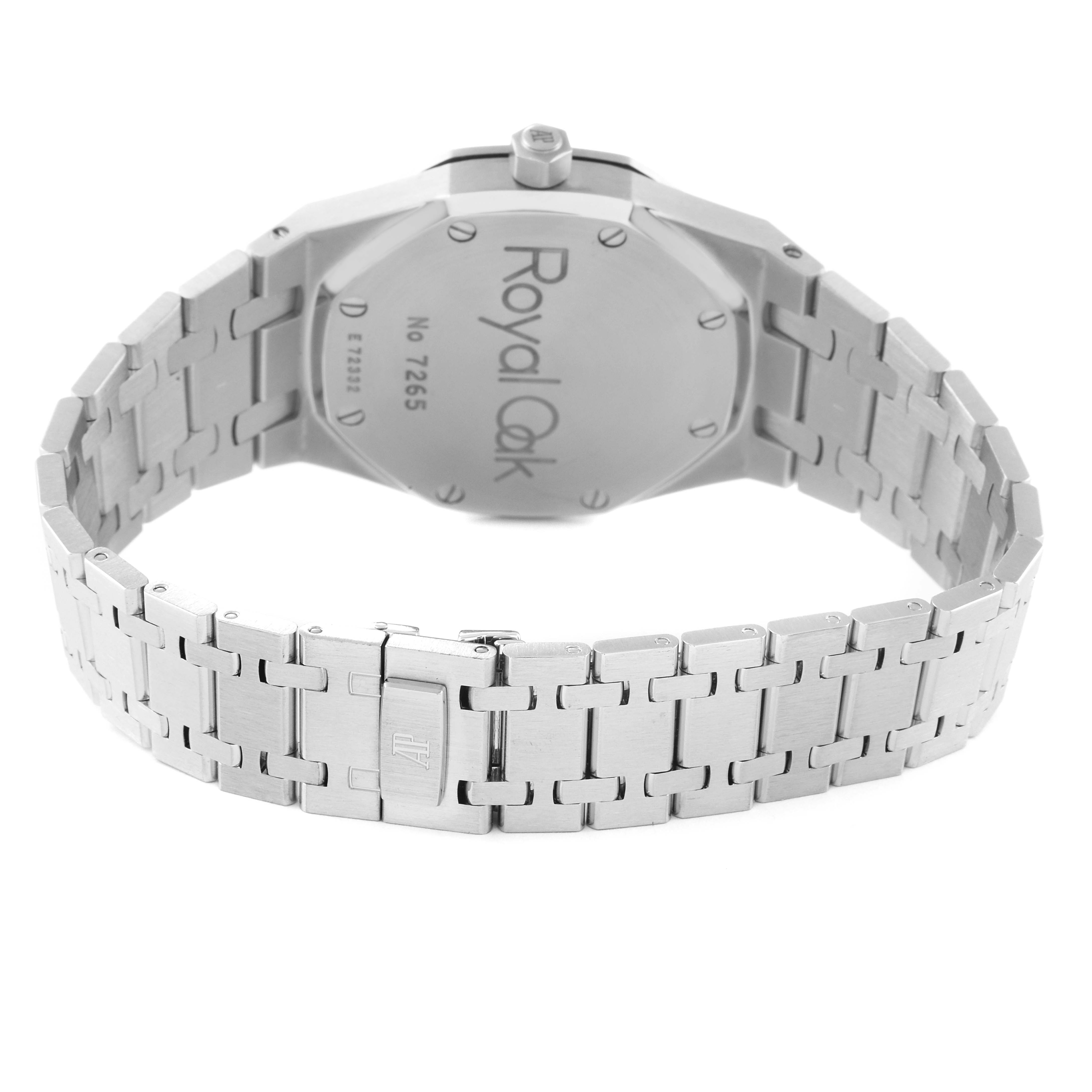 The image shows the back case and bracelet of a Royal Oak model watch by Audemars Piguet, viewed from behind.