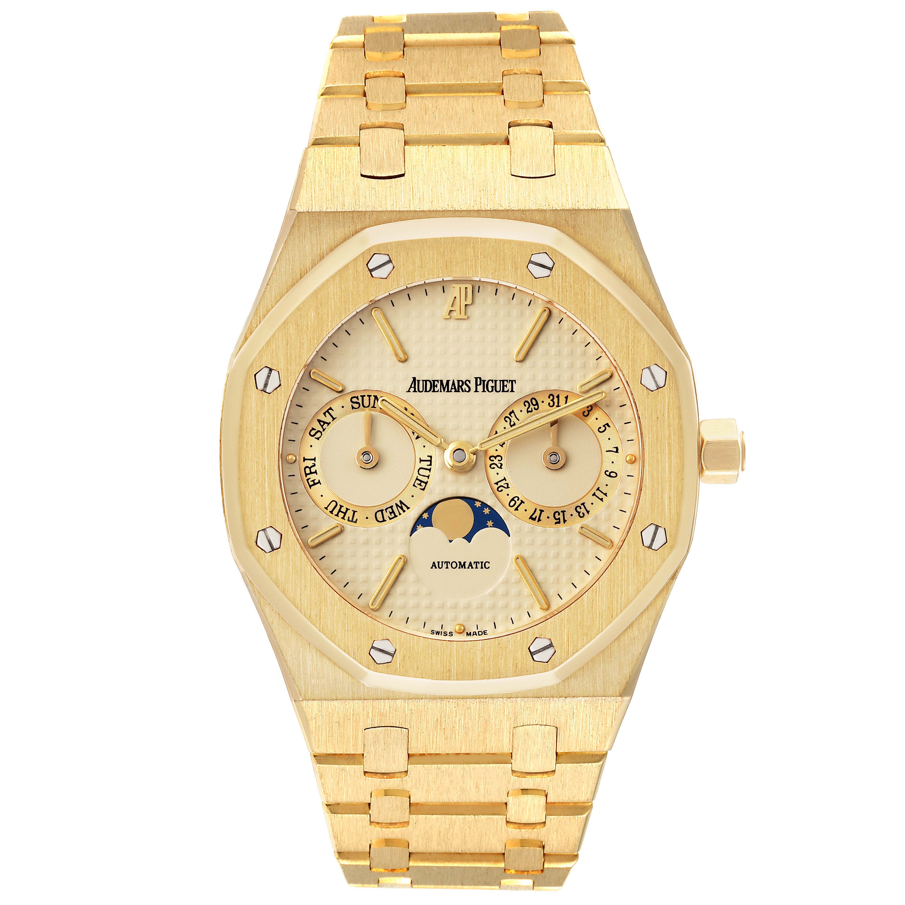 The image shows a front view of the Royal Oak model by Audemars Piguet, featuring its dial, bezel, and bracelet.