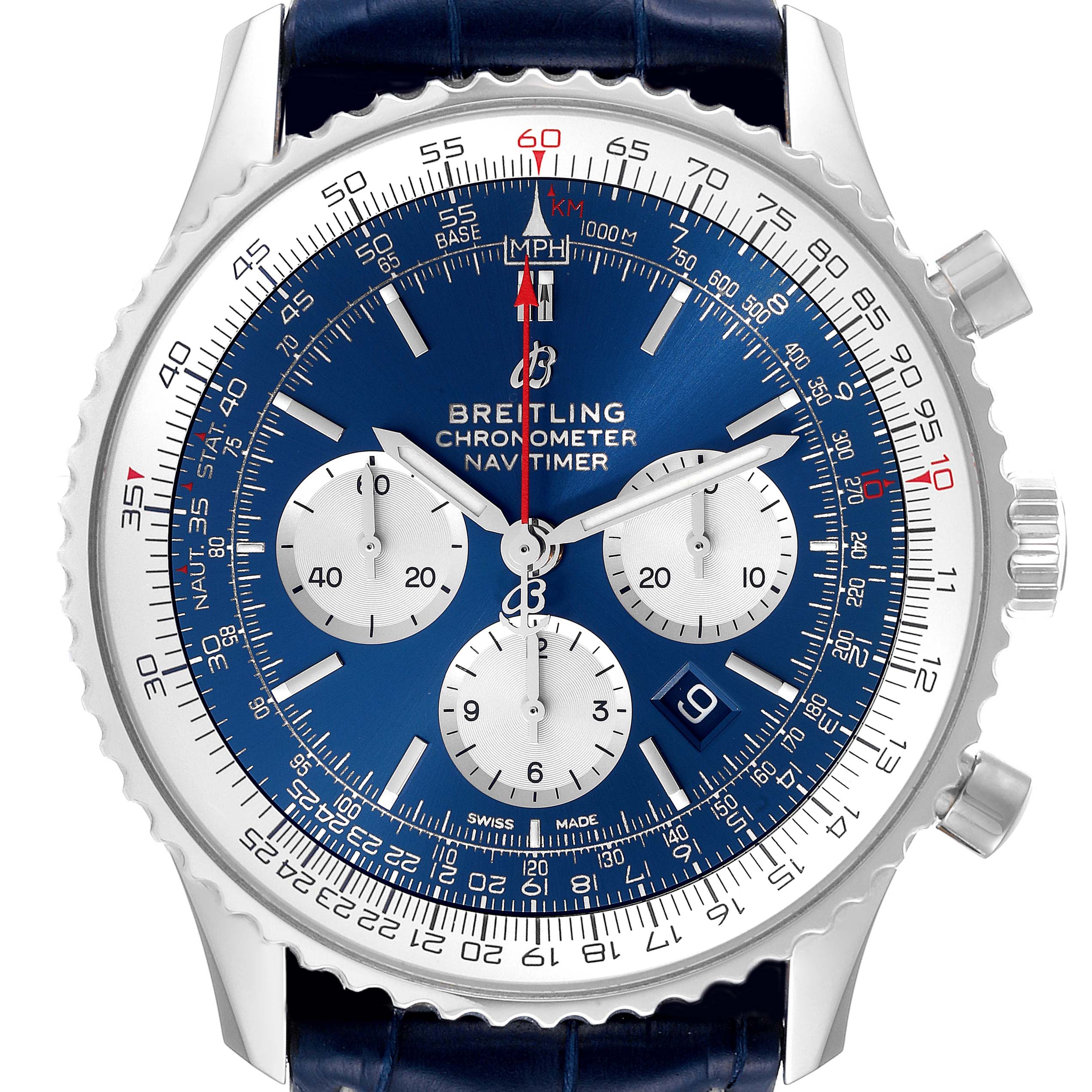 This image shows a front view of the Breitling Navitimer AB0127 Men's Stainless Steel Blue Dial AB0127 Men's Stainless Steel Blue Dial watch, highlighting its blue dial, subdials, and bezel.
