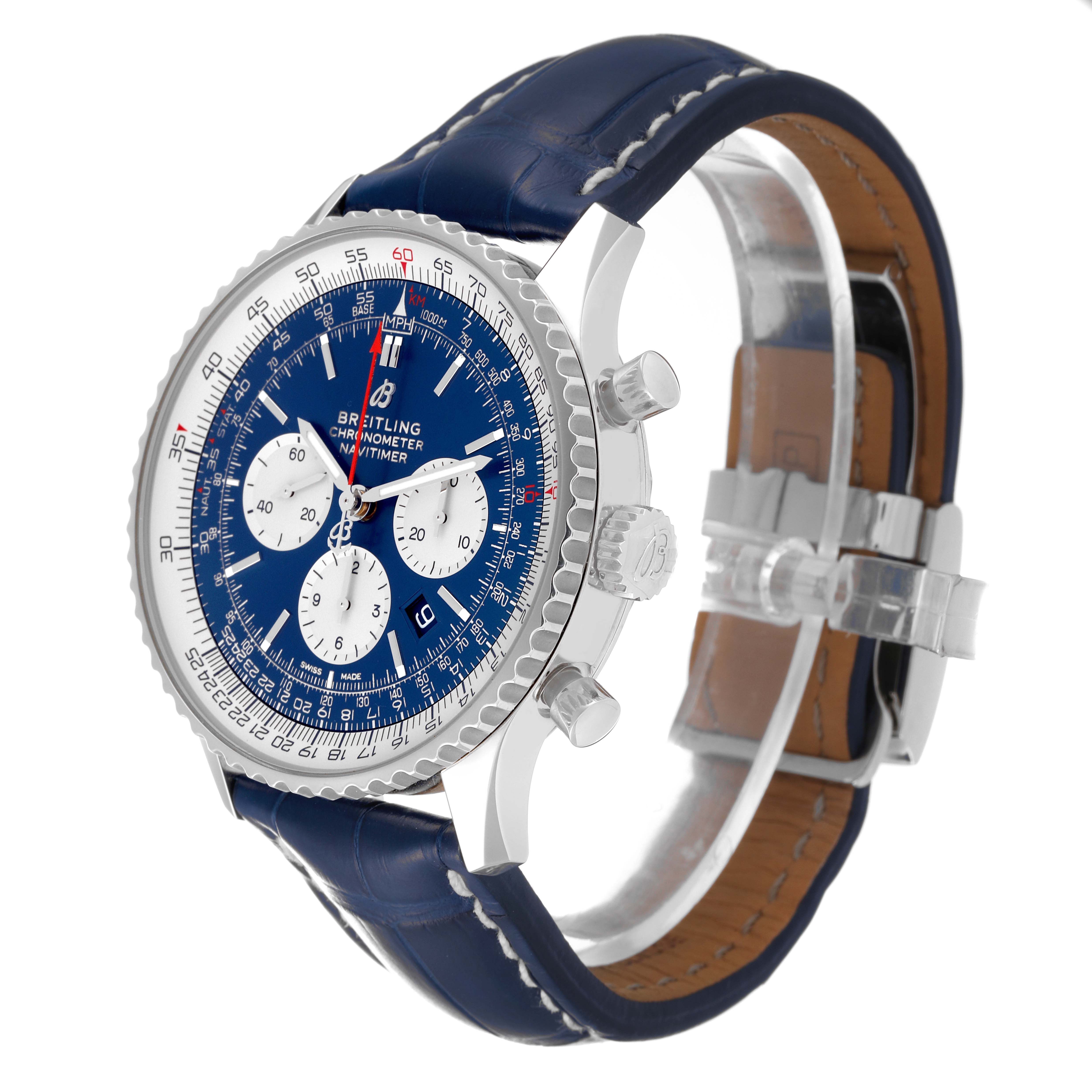This image shows a Breitling Navitimer AB0127 Men's Stainless Steel Blue Dial AB0127 Men's Stainless Steel Blue Dial watch at a slight side angle, highlighting the face, bezel, crown, chronograph pushers, and leather strap.