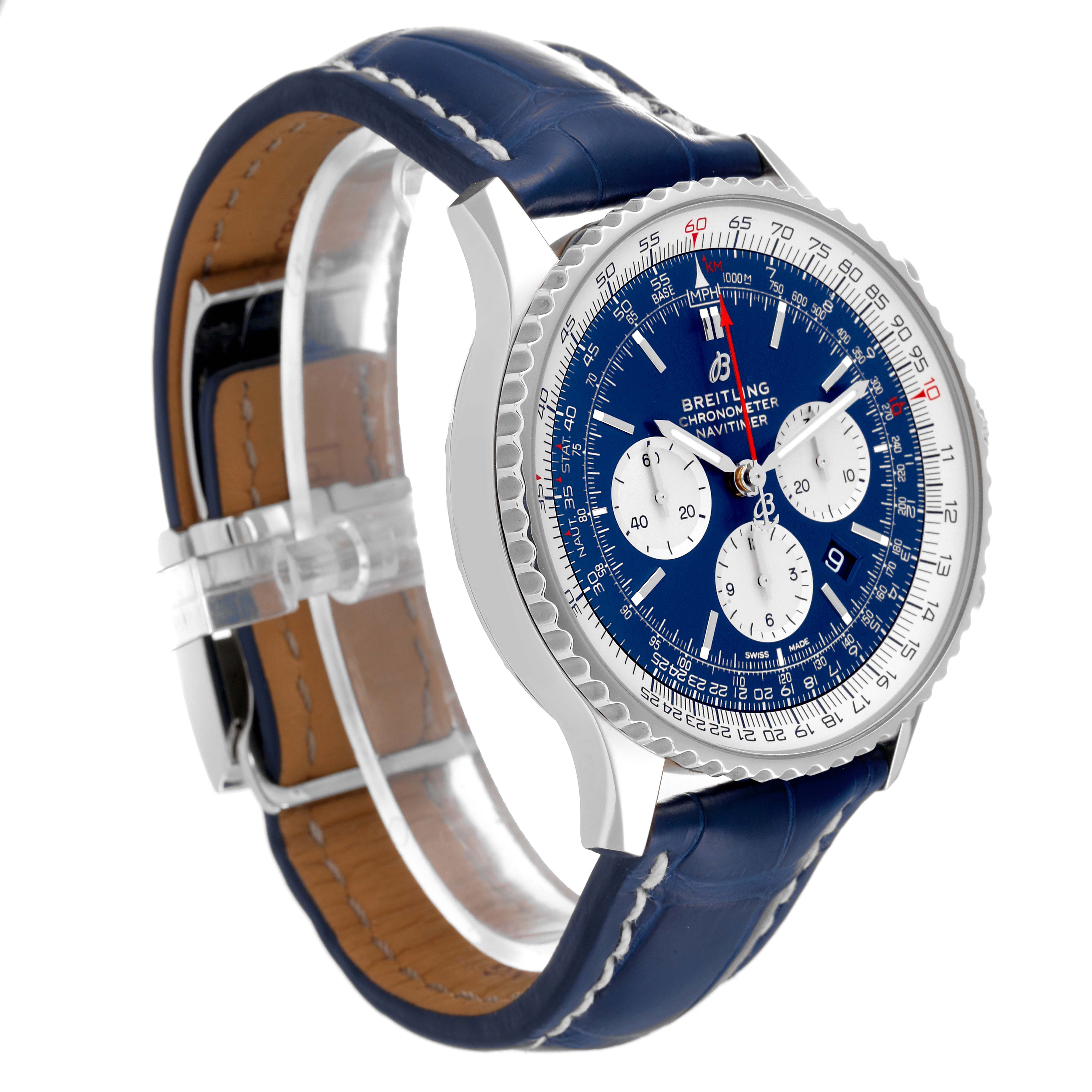 The image shows a side and partial top view of a Breitling Navitimer AB0127 Men's Stainless Steel Blue Dial AB0127 Men's Stainless Steel Blue Dial watch with a blue dial and blue leather strap.
