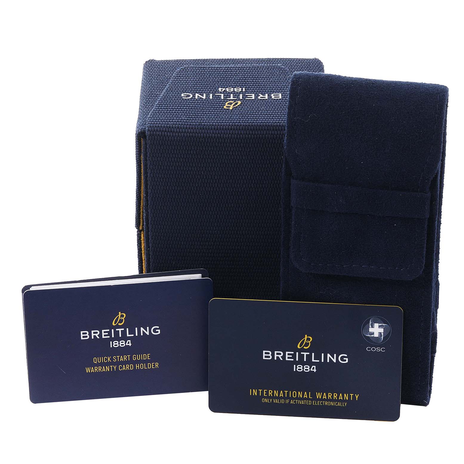 The image shows Breitling Navitimer AB0127 Men's Stainless Steel Blue Dial AB0127 Men's Stainless Steel Blue Dial watch accessories, including the box, pouch, quick start guide, and international warranty card.