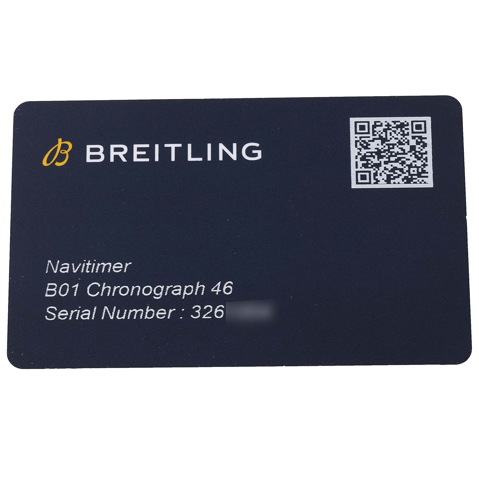 This image shows a registration card for the Breitling Navitimer AB0127 Men's Stainless Steel Blue Dial AB0127 Men's Stainless Steel Blue Dial B01 Chronograph 46 watch.