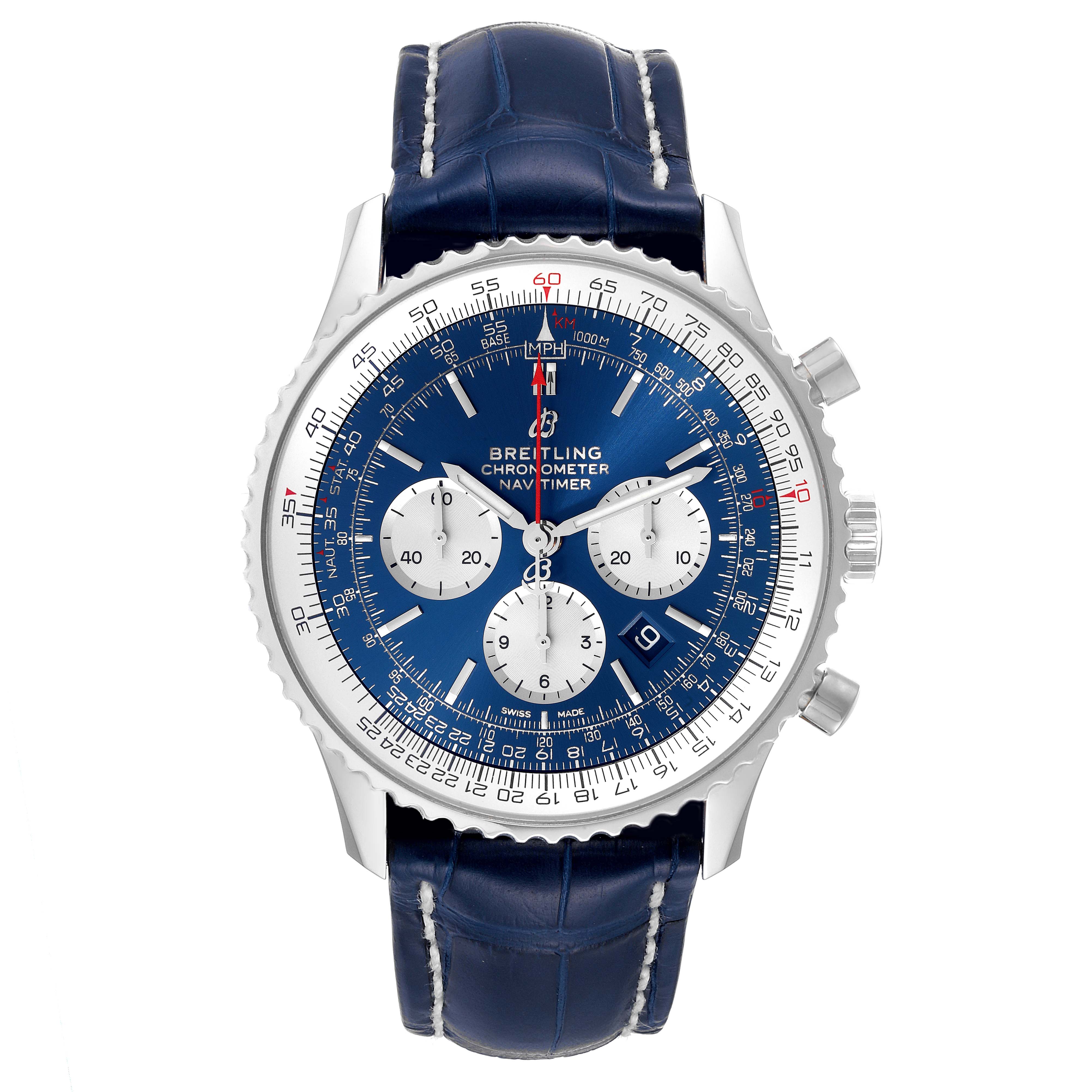 The image shows a front view of the Breitling Navitimer AB0127 Men's Stainless Steel Blue Dial AB0127 Men's Stainless Steel Blue Dial watch, highlighting its blue dial, three subdials, and a leather strap.