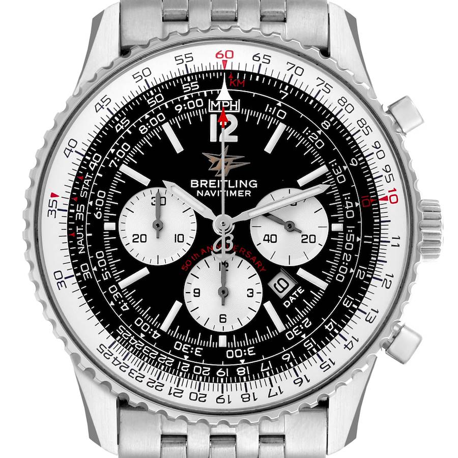 Breitling Navitimer 50th Anniversary Black Dial Steel Watch A41322 Box Papers SwissWatchExpo