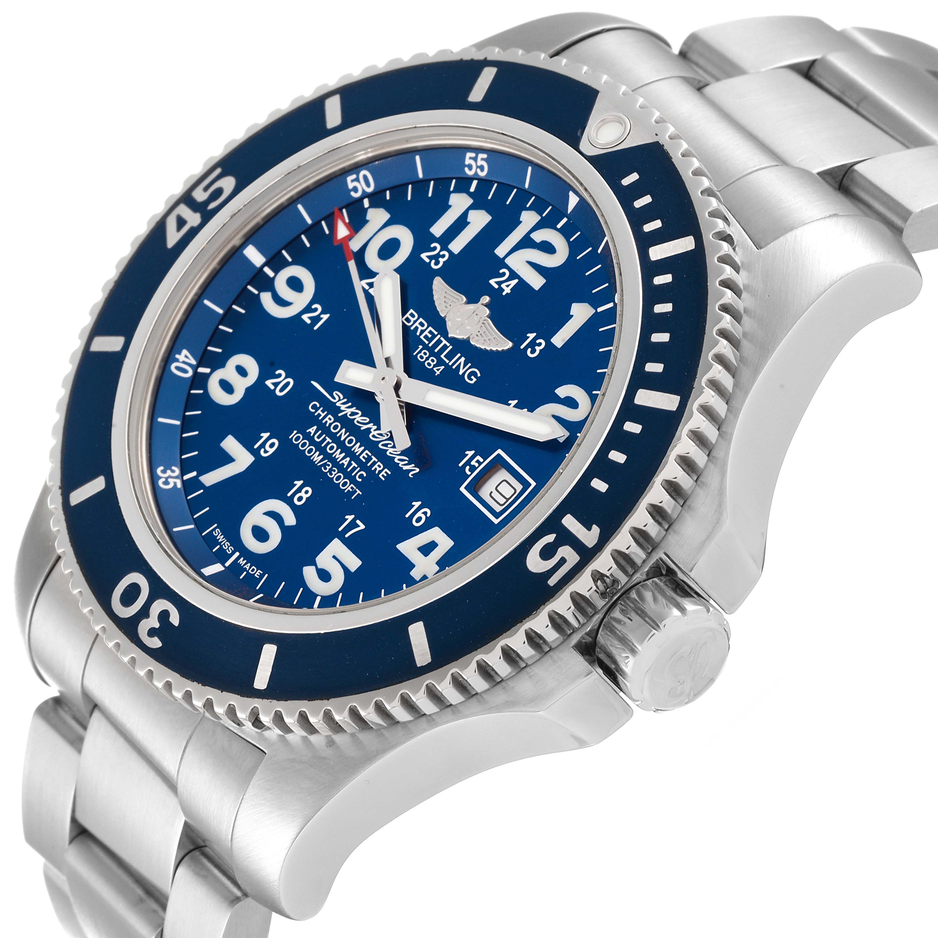 The image shows a side-angle view of a Breitling Superocean A17392D8/C910 Men's Stainless Steel Blue Dial A17392D8/C910 Men's Stainless Steel Blue Dial watch, highlighting its bezel, crown, and blue dial with a metal bracelet.