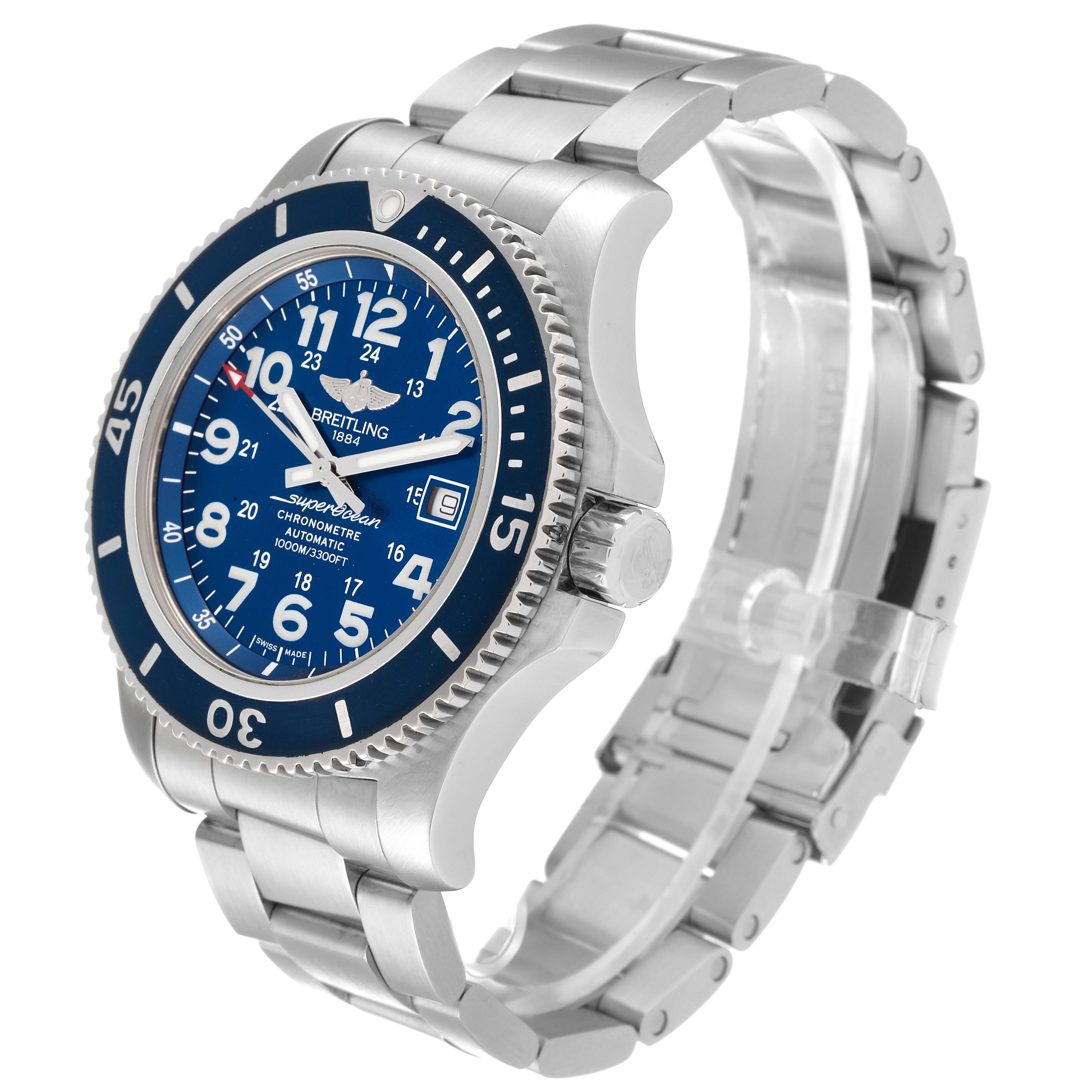 The Breitling Superocean A17392D8/C910 Men's Stainless Steel Blue Dial A17392D8/C910 Men's Stainless Steel Blue Dial watch is shown at a slight angle, highlighting the face, bezel, crown, and metal bracelet.