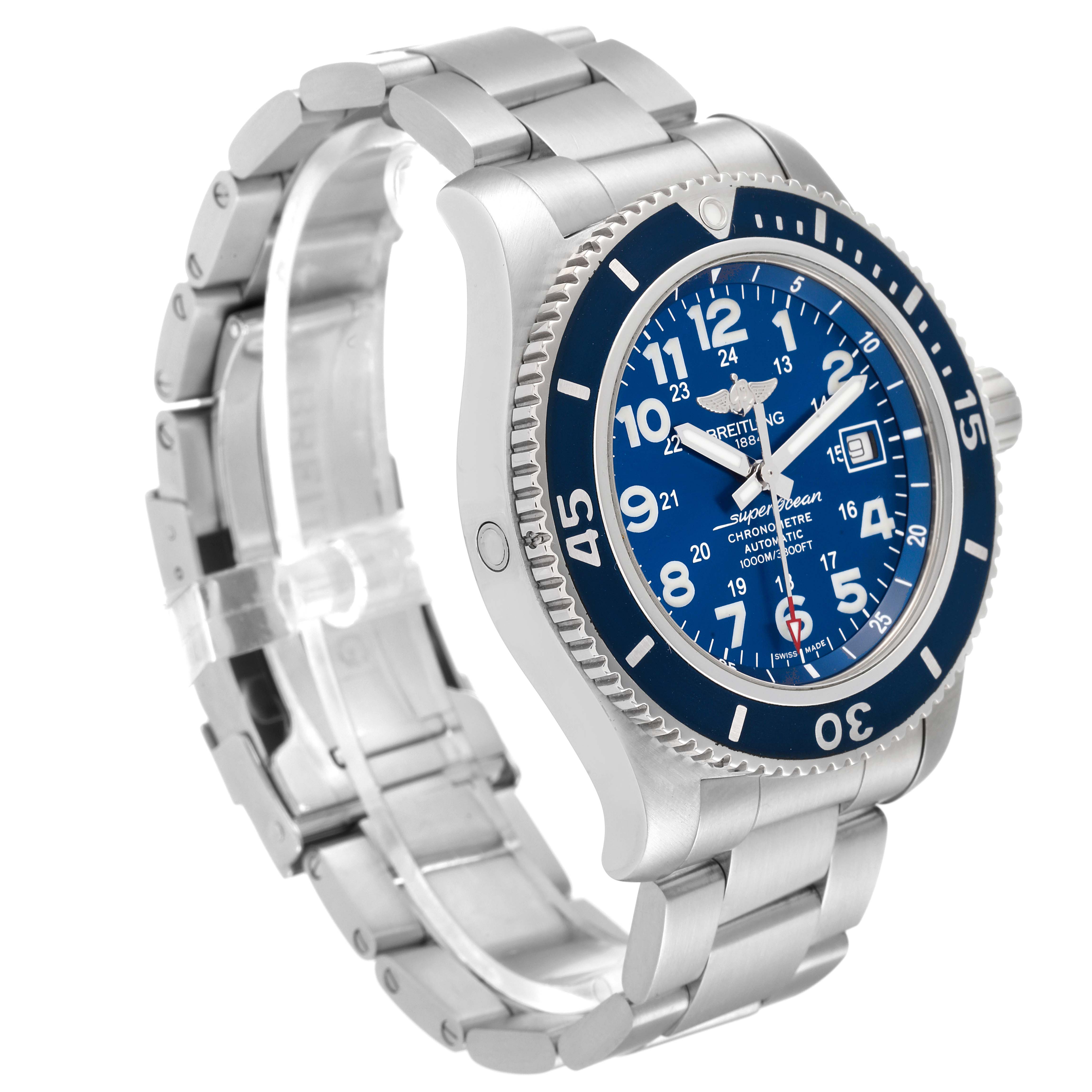 The image shows a Breitling Superocean A17392D8/C910 Men's Stainless Steel Blue Dial A17392D8/C910 Men's Stainless Steel Blue Dial watch at a three-quarter angle, highlighting its blue dial, bezel, and stainless steel bracelet.