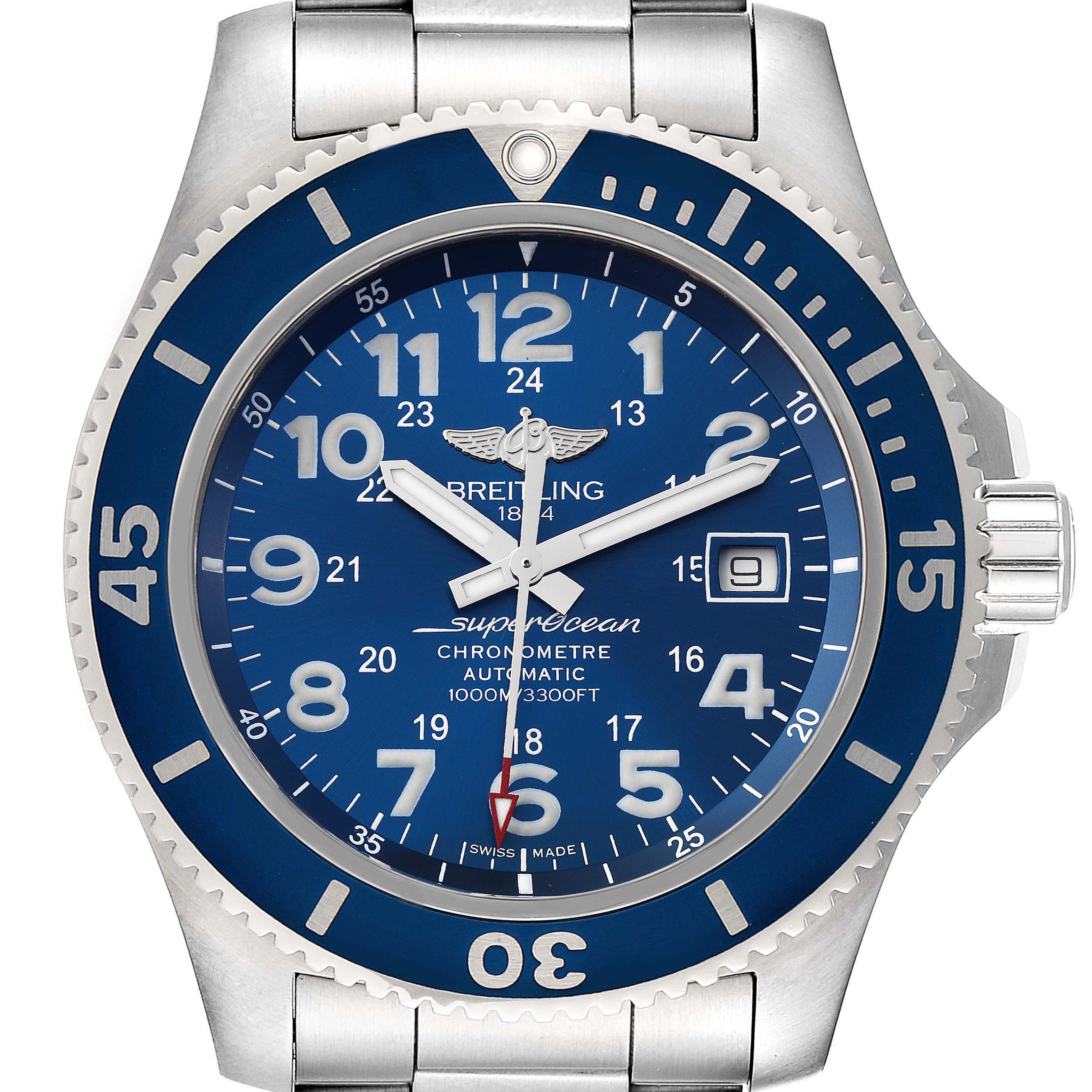 The image shows a frontal view of a Breitling Superocean A17392D8/C910 Men's Stainless Steel Blue Dial A17392D8/C910 Men's Stainless Steel Blue Dial watch, highlighting the blue dial, bezel, and stainless steel bracelet.