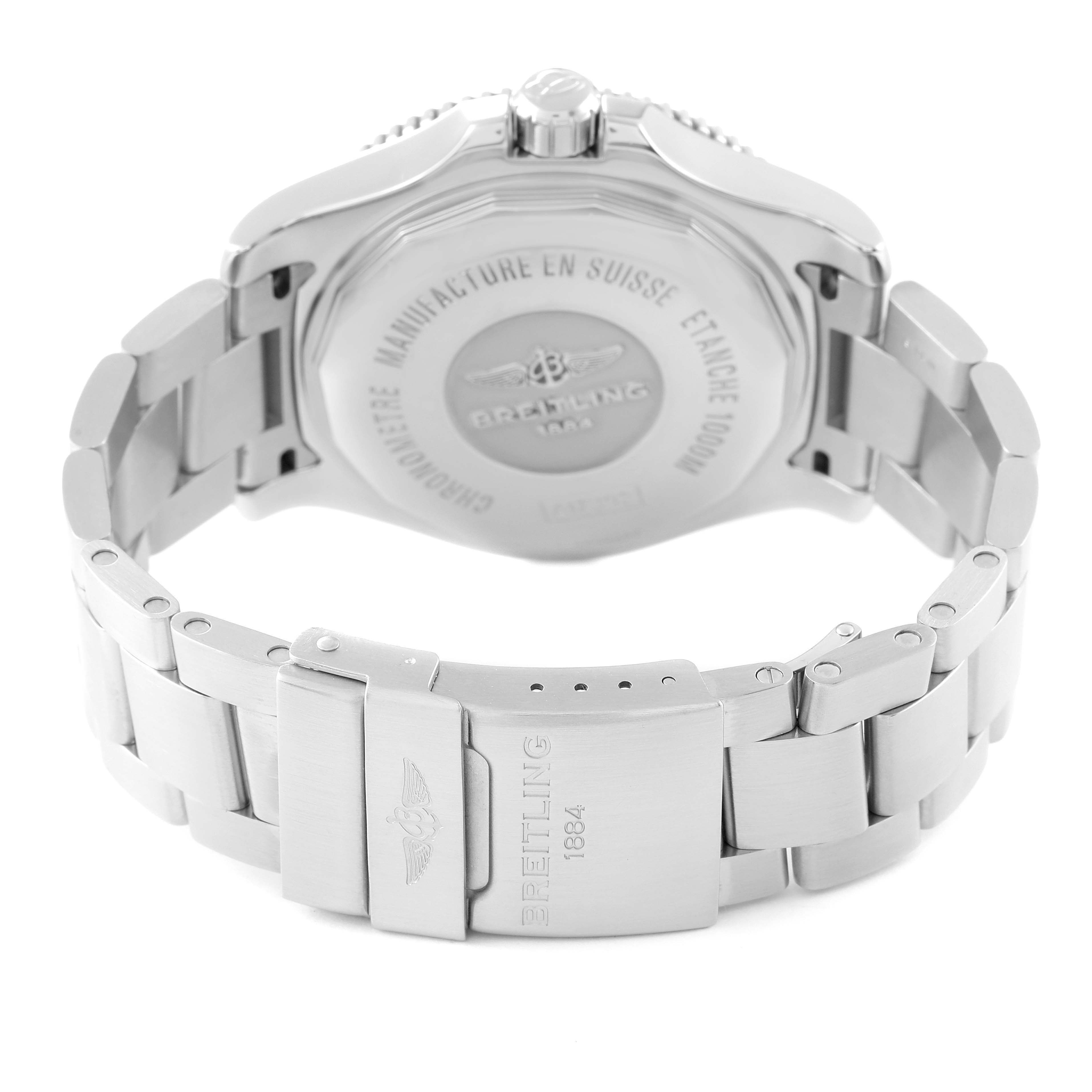 The image shows the back casing and bracelet of a Breitling Superocean A17392D8/C910 Men's Stainless Steel Blue Dial A17392D8/C910 Men's Stainless Steel Blue Dial watch, emphasizing the clasp and engraving details.