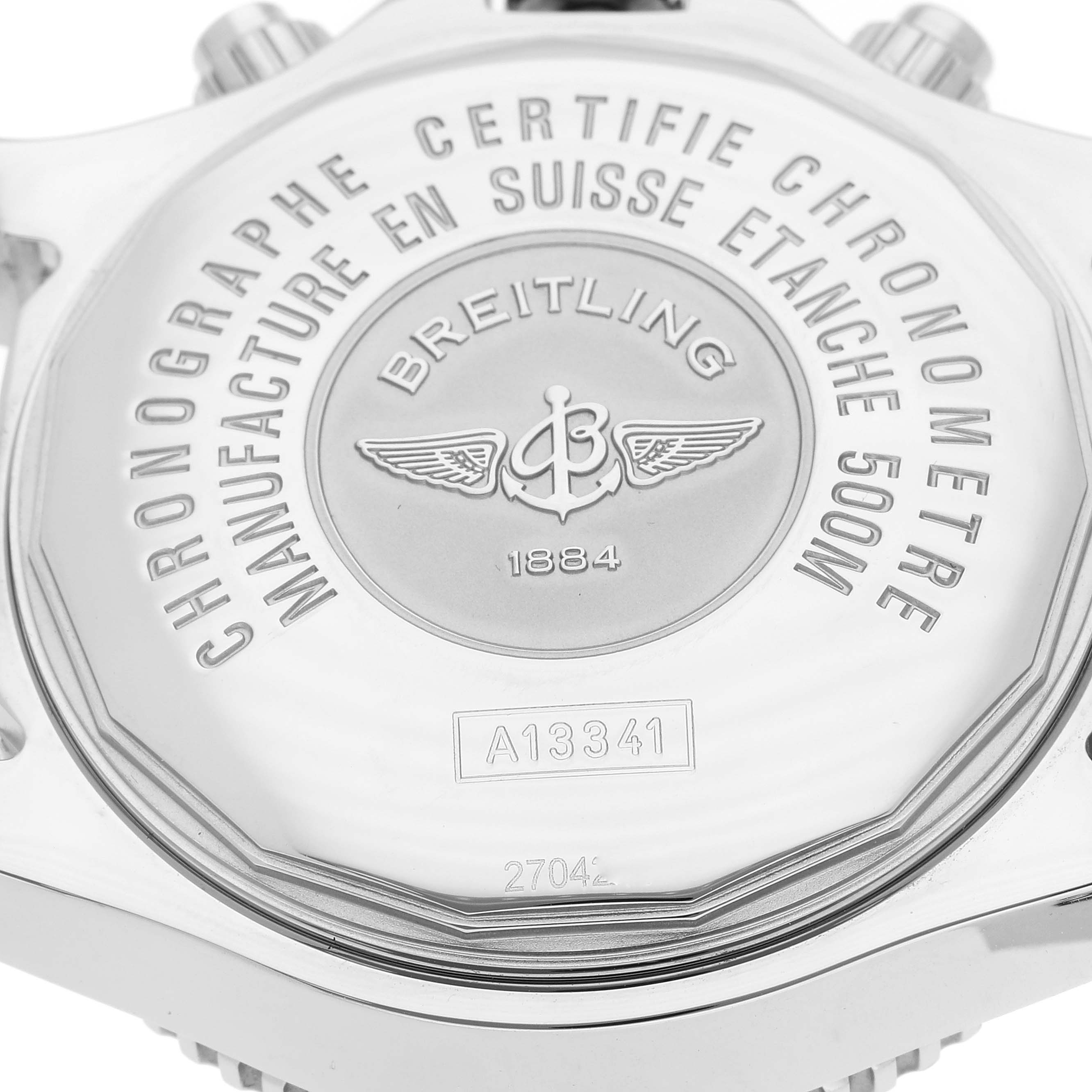 The image shows the back case of the Breitling Superocean A13341 Men's Stainless Steel White Dial A13341 Men's Stainless Steel White Dial watch, highlighting the brand's engraving and model details.