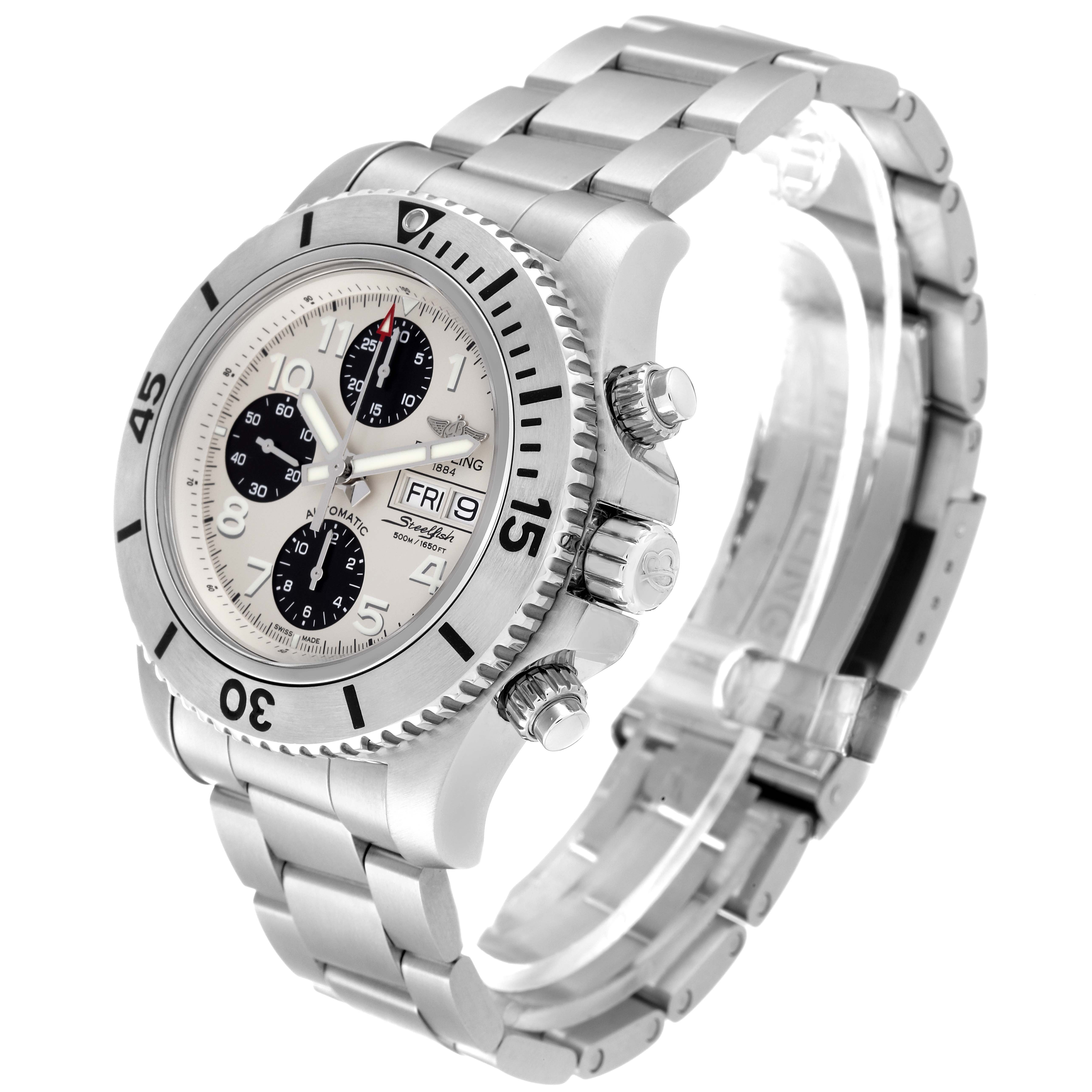 The Breitling Superocean A13341 Men's Stainless Steel White Dial A13341 Men's Stainless Steel White Dial watch is shown at a 3/4 angle, highlighting its face, bezel, chronograph subdials, crown, and stainless steel bracelet.