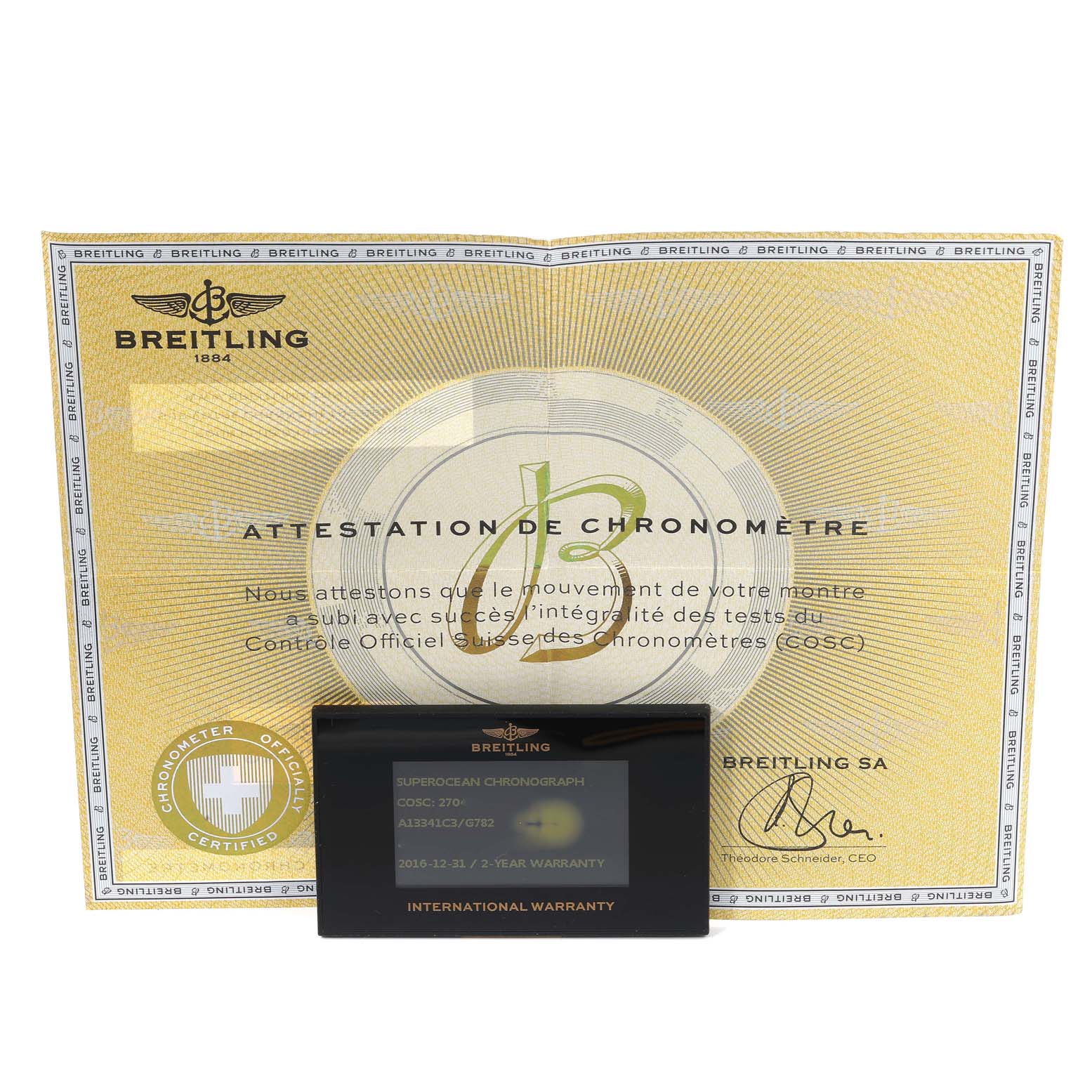 The image shows the authenticity certificate and international warranty for a Breitling Superocean A13341 Men's Stainless Steel White Dial A13341 Men's Stainless Steel White Dial model watch.