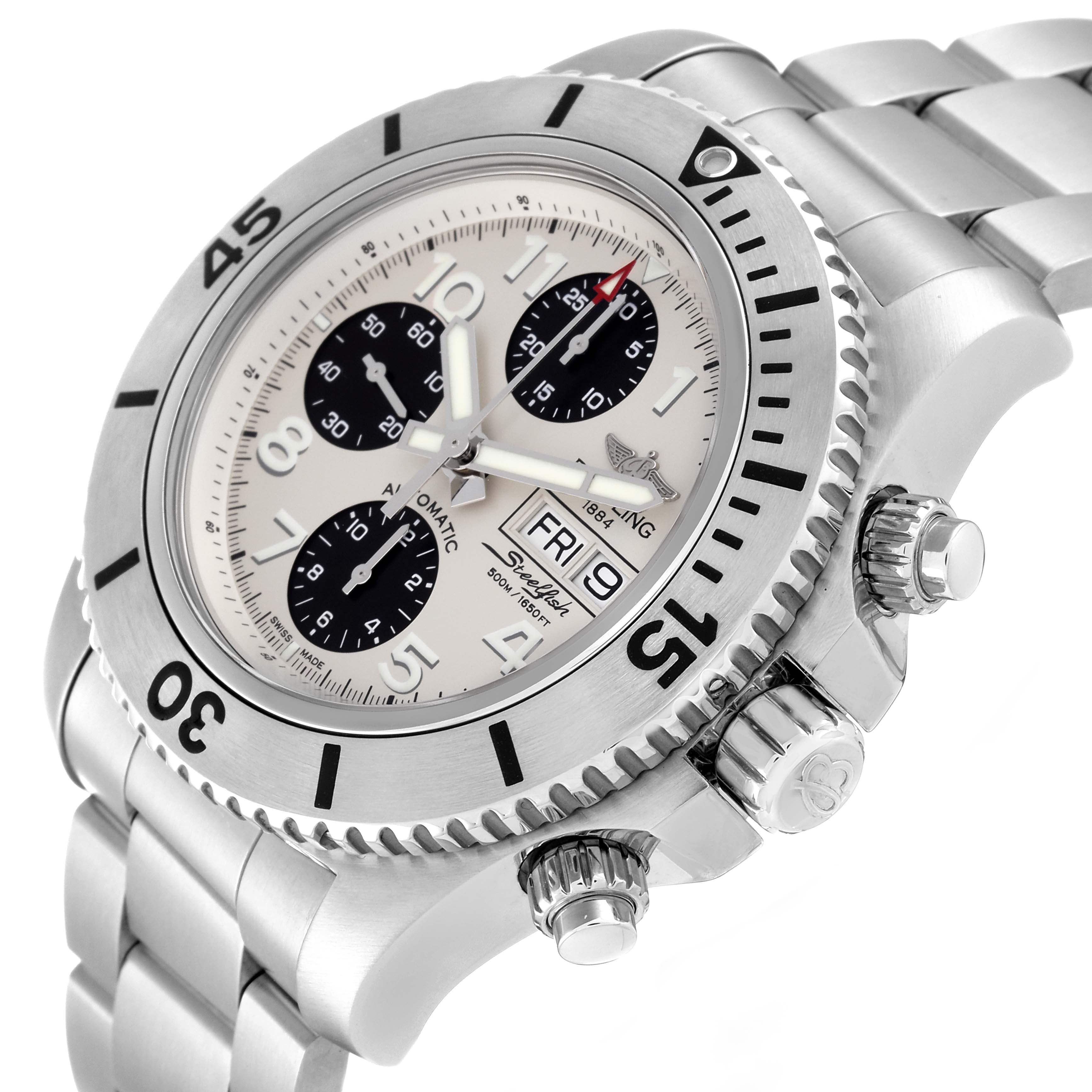 The image shows the dial, bezel, and crown of a Breitling Superocean A13341 Men's Stainless Steel White Dial A13341 Men's Stainless Steel White Dial watch at a side angle.