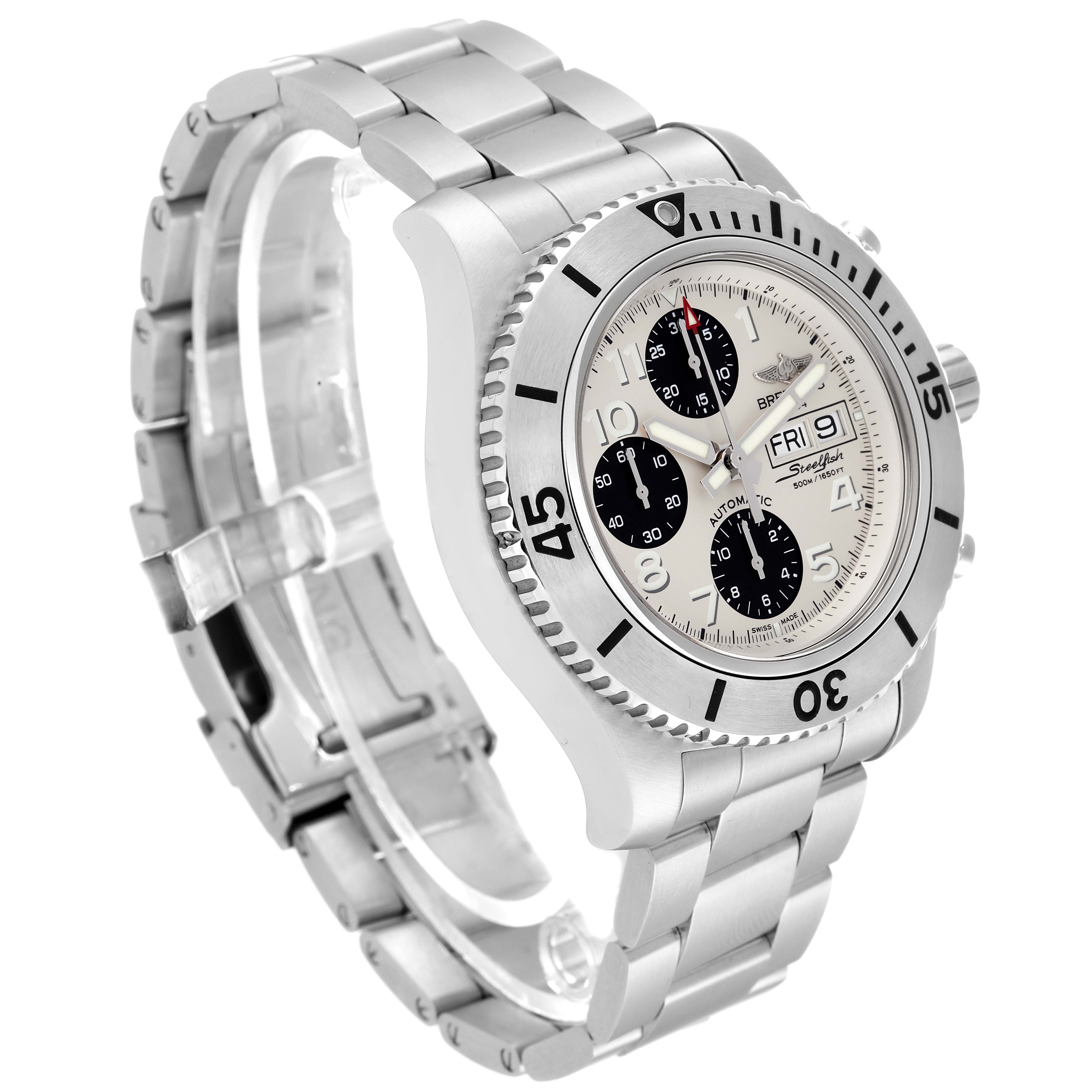 The image shows a Breitling Superocean A13341 Men's Stainless Steel White Dial A13341 Men's Stainless Steel White Dial watch angled to display its face, bracelet, crown, and bezel.