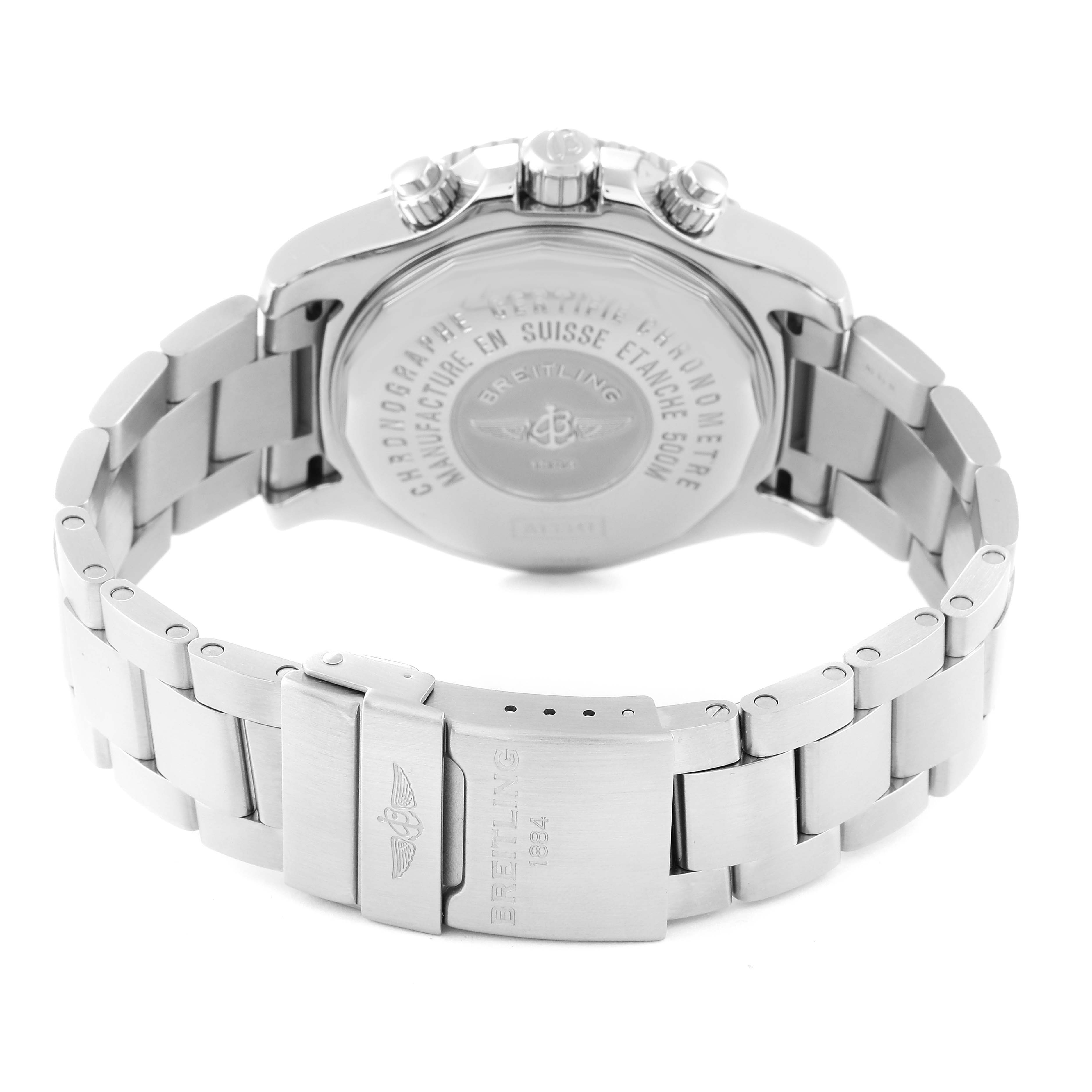 The image shows the back of the Breitling Superocean A13341 Men's Stainless Steel White Dial A13341 Men's Stainless Steel White Dial watch, focusing on the case back, crown, and metal bracelet clasp.