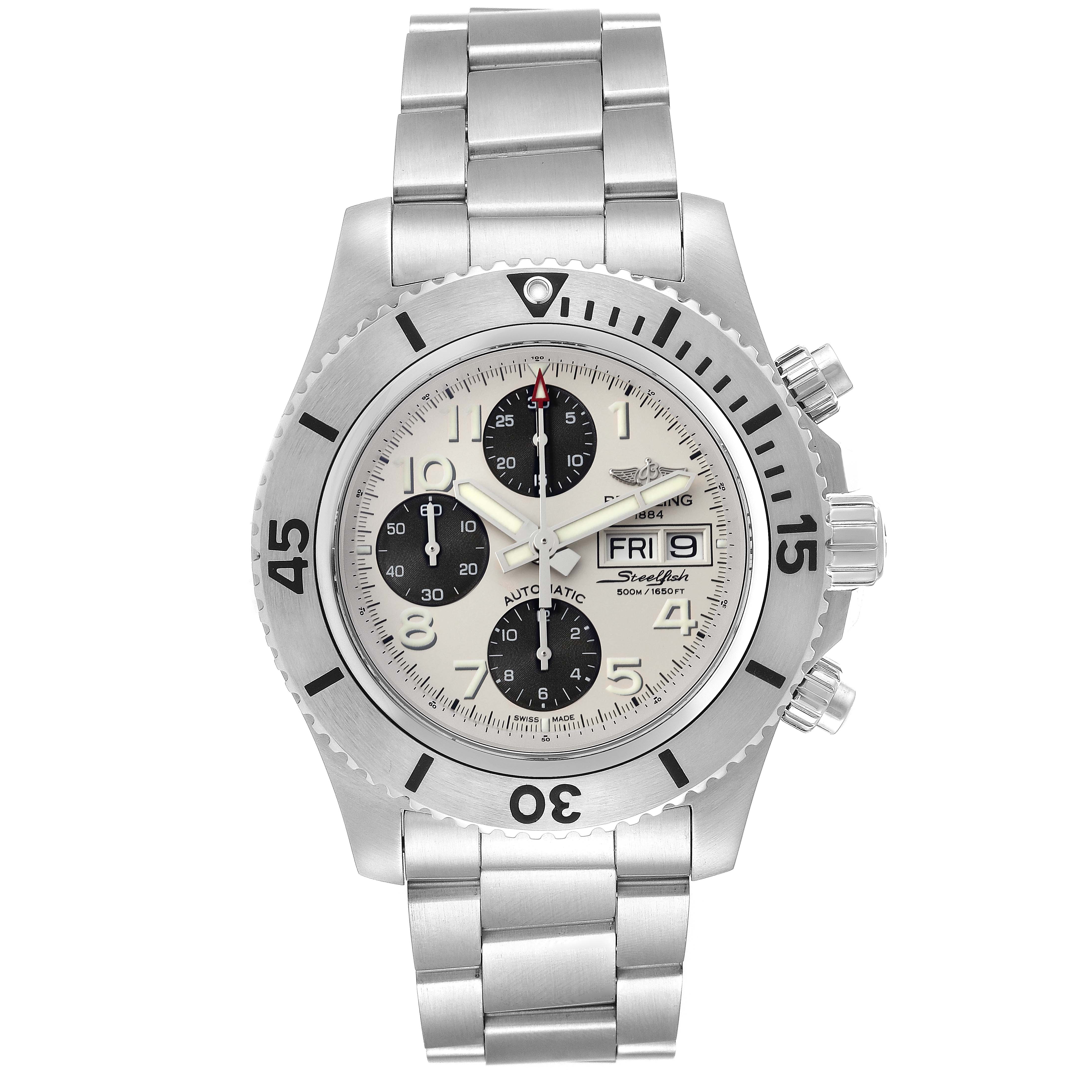 The image shows a front view of a Breitling Superocean A13341 Men's Stainless Steel White Dial A13341 Men's Stainless Steel White Dial watch, highlighting the dial, bezel, and stainless steel bracelet.