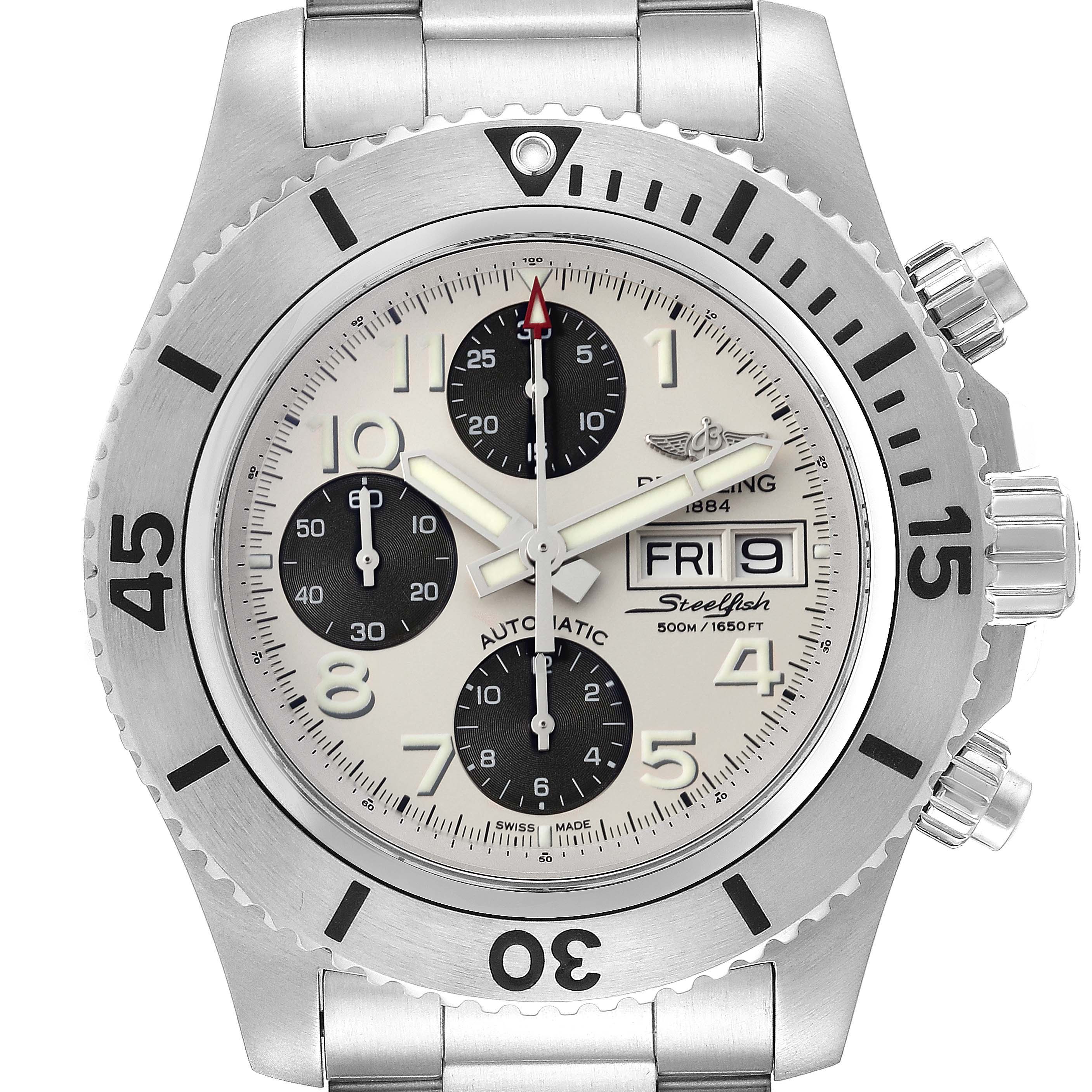 This Breitling Superocean A13341 Men's Stainless Steel White Dial A13341 Men's Stainless Steel White Dial watch is shown from the front, displaying the dial, bezel, chronograph subdials, and bracelet.