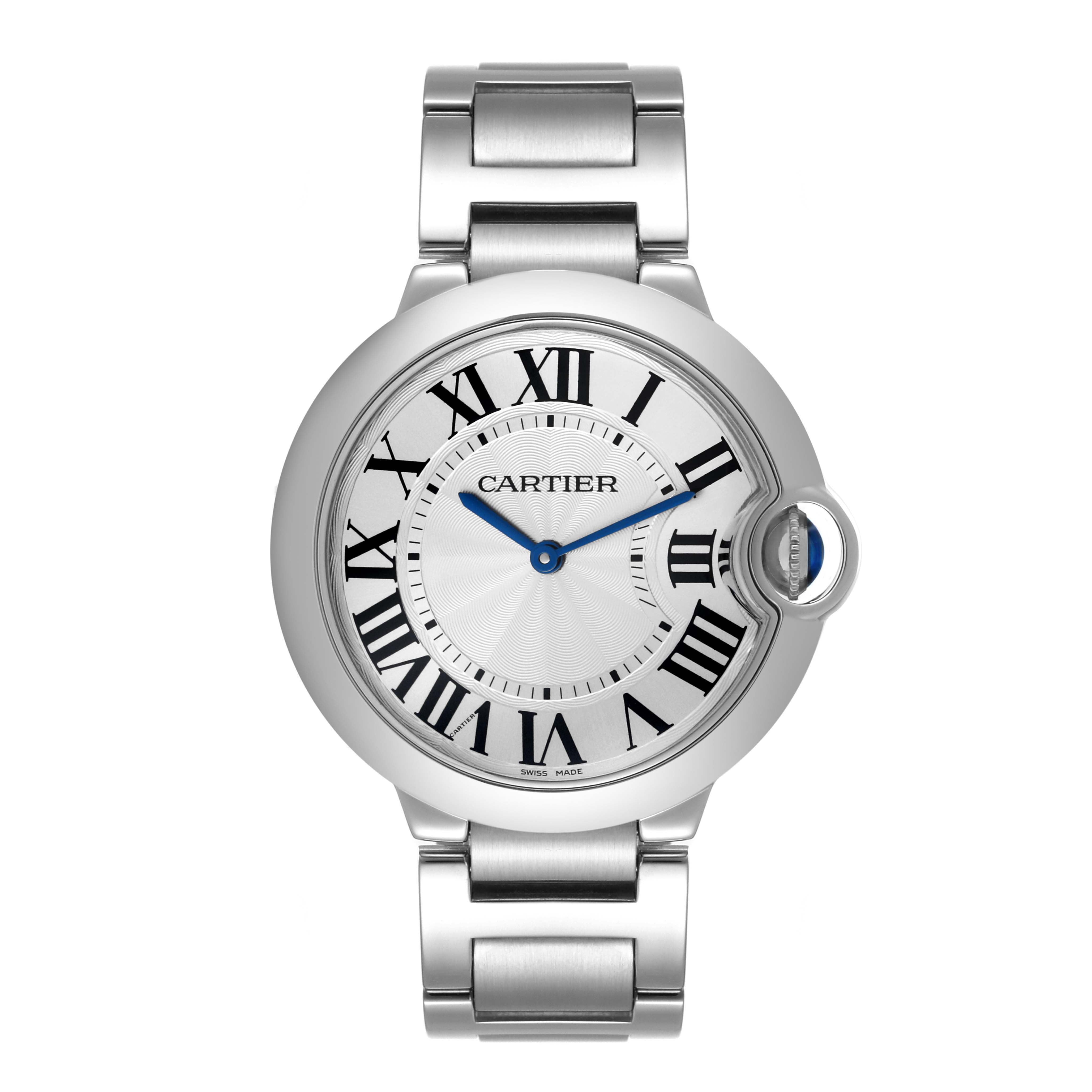 The image shows a front view of the Cartier Ballon Bleu W69011Z4 Men
s Stainless Steel Silver Dial W69011Z4 Men
s Stainless Steel Silver Dial watch displaying its face and metal bracelet.